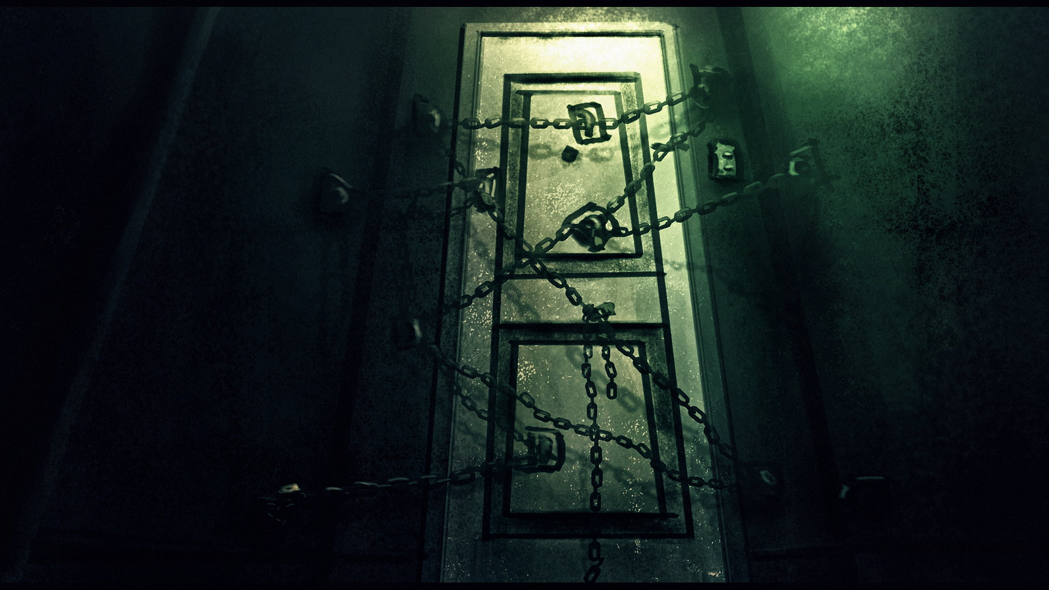 gray door with chains, the door, horror, game, Silent Hill 4