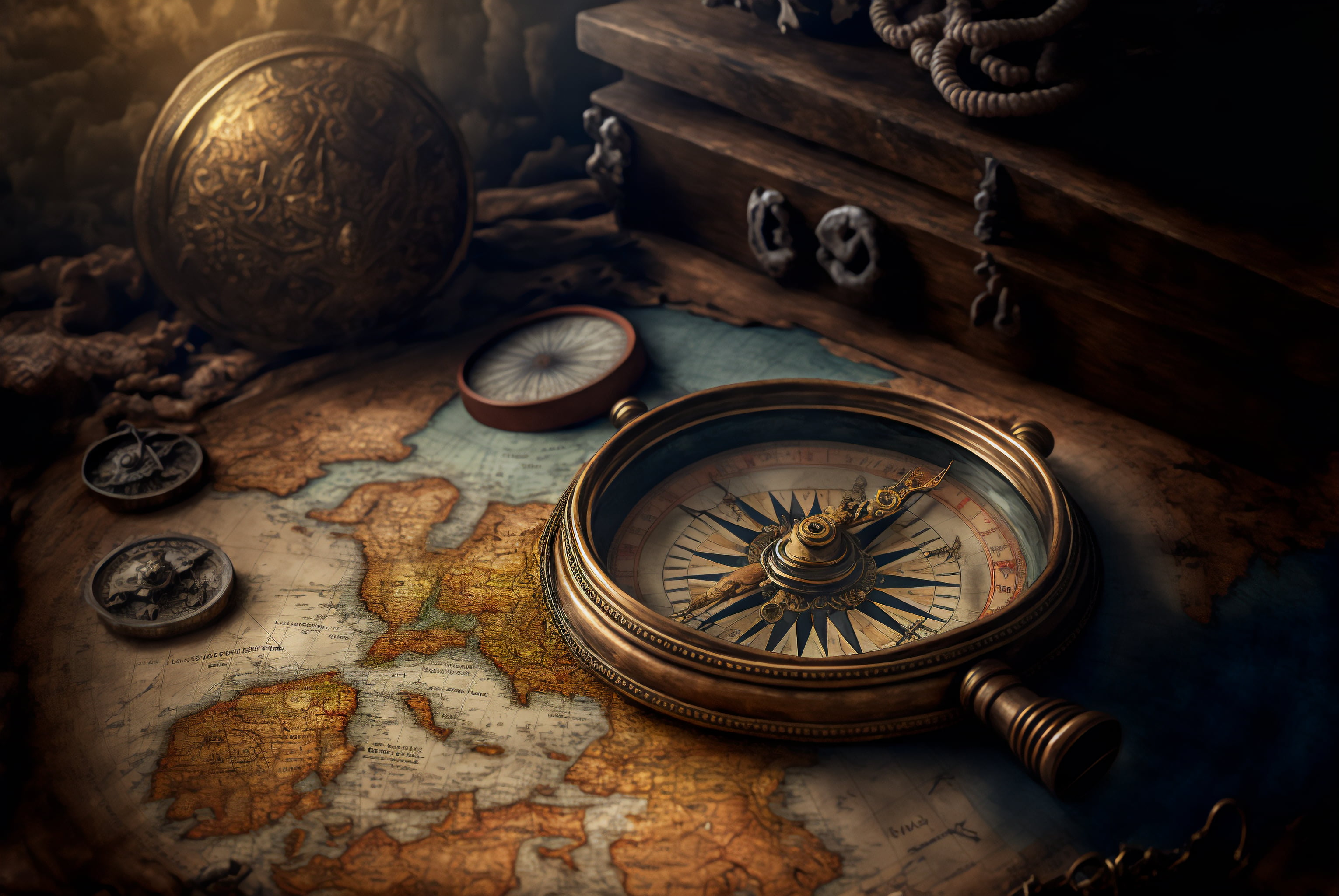 Free download | HD wallpaper: AI art, map, compass, pirates | Wallpaper 