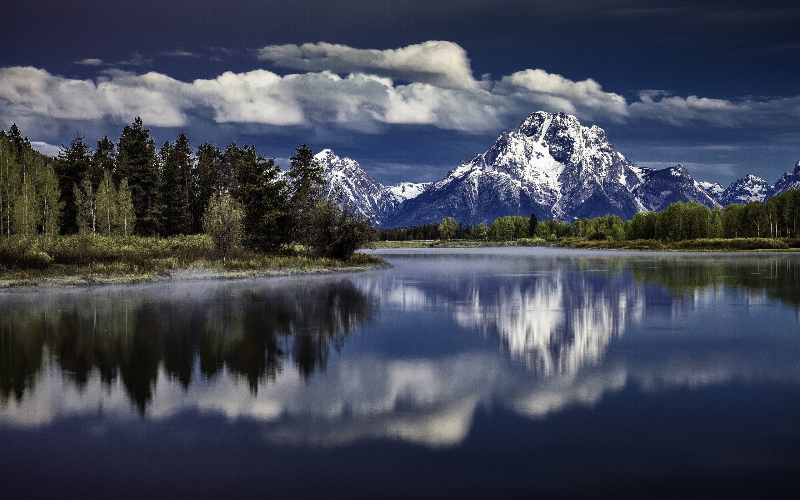 calm body of water and mountains digital wallpaper, reflection