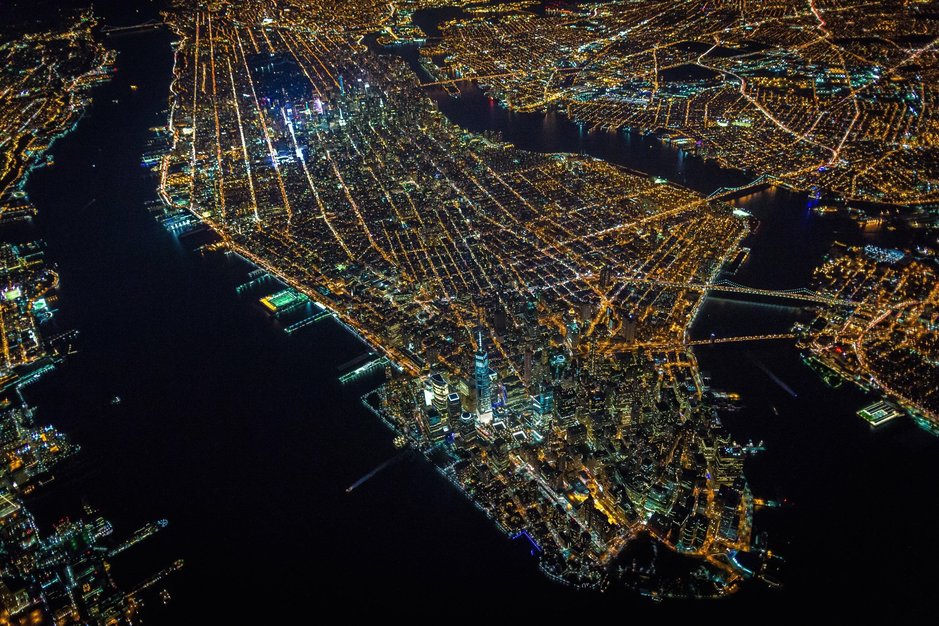 aerial photo of city, New York City, USA, night, island, aerial view
