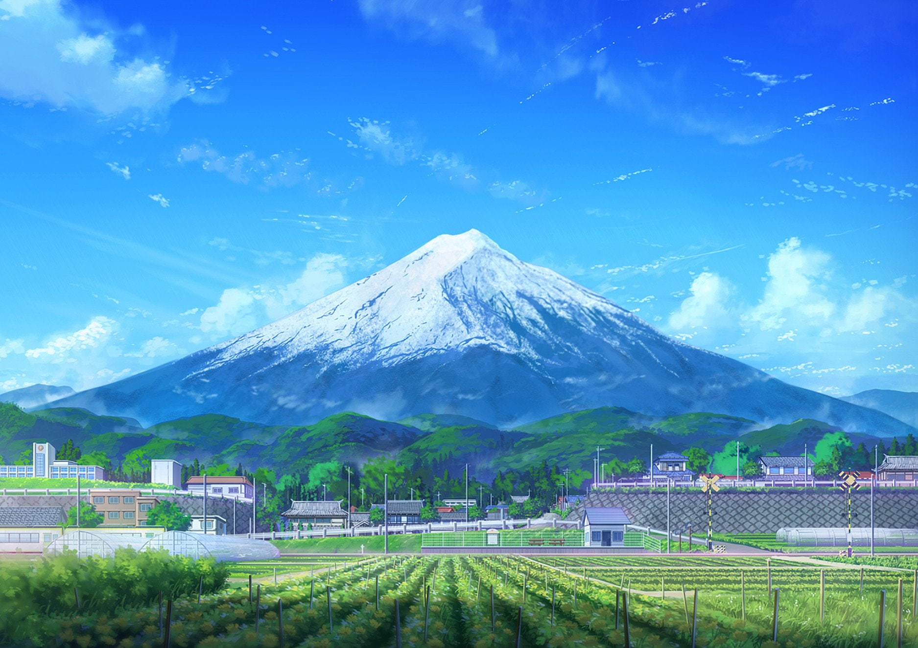 Anime, Original, Building, Cloud, Field, Mount Fuji, Mountain