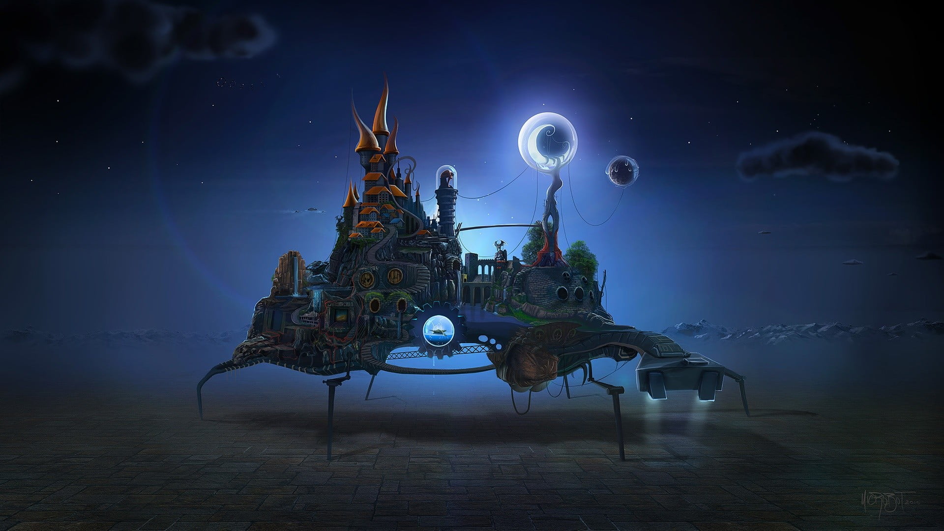 blue castle illustration, fantasy art, surreal, clouds, tower