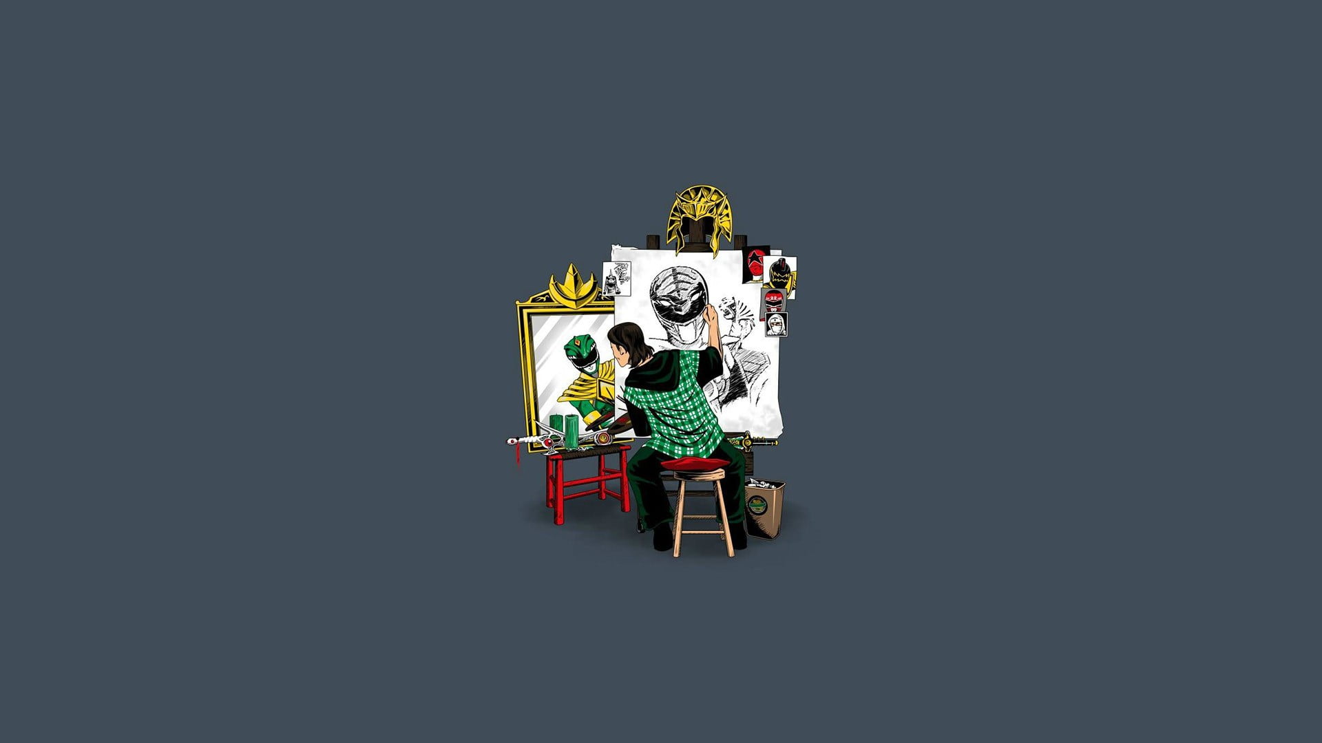 Power Ranger green painting, triple self portrait, Power Rangers