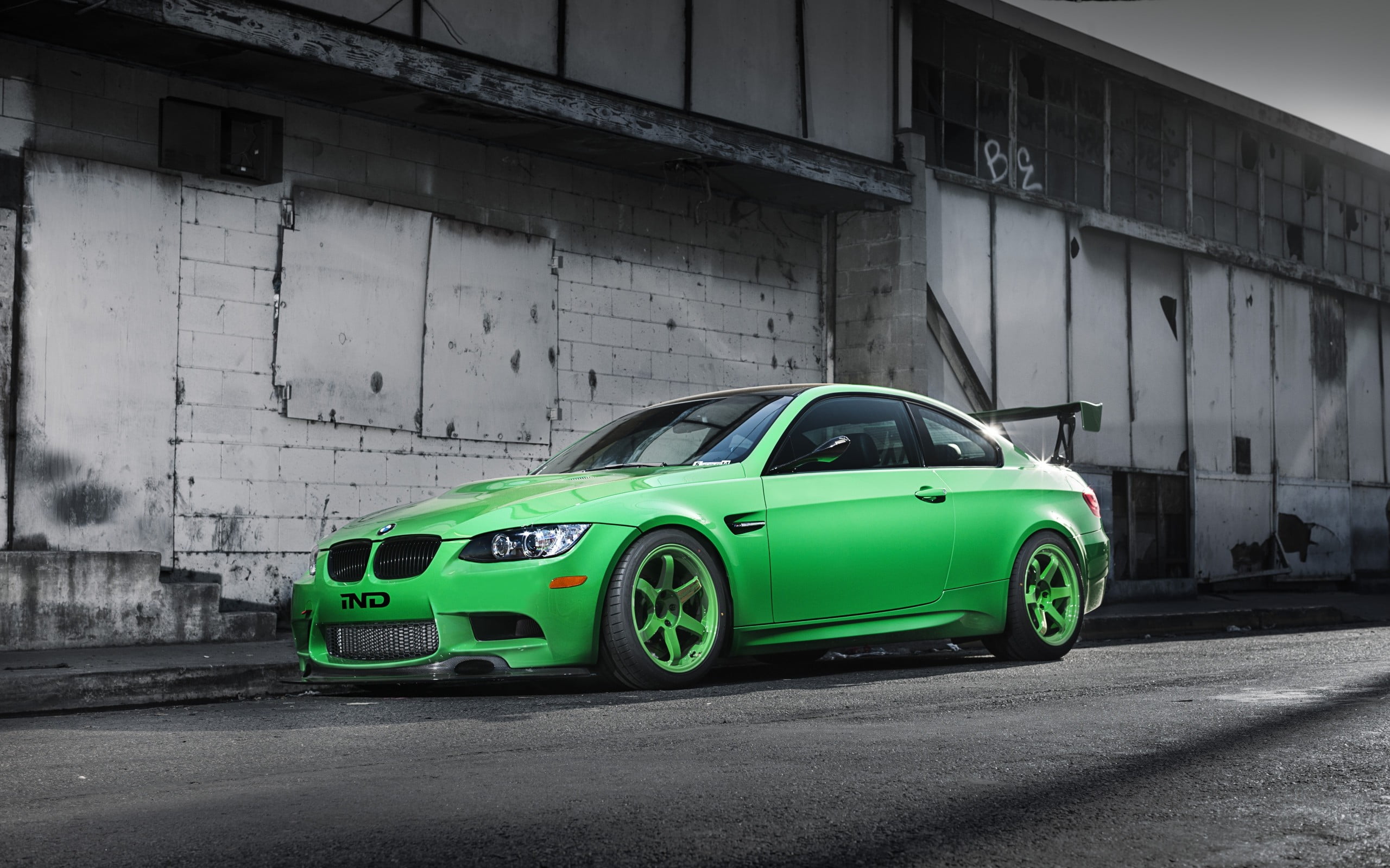 green BMW coupe, car, rims, selective coloring, mode of transportation