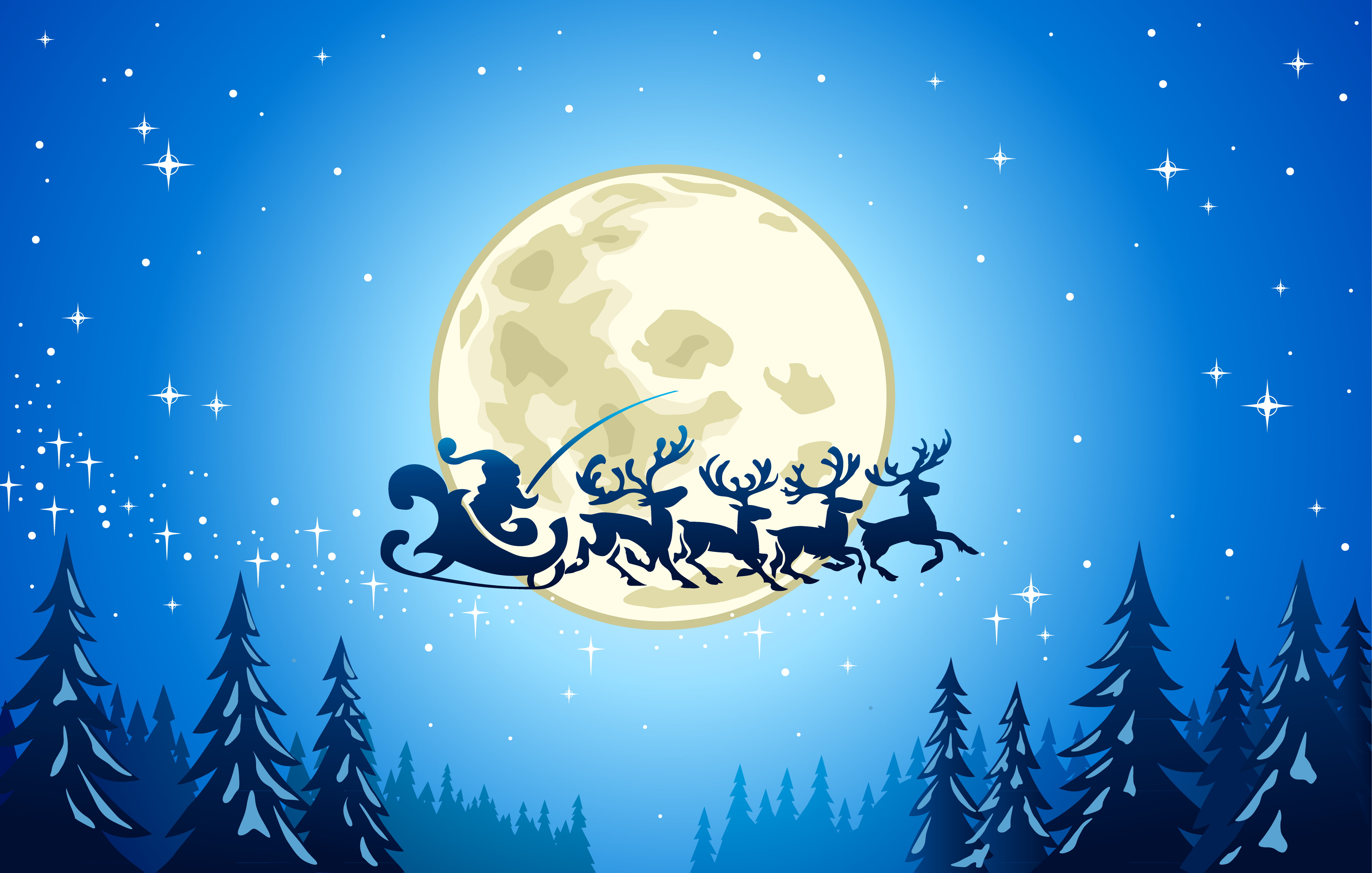 silhouette of sleight and four deer illustration, stars, snow