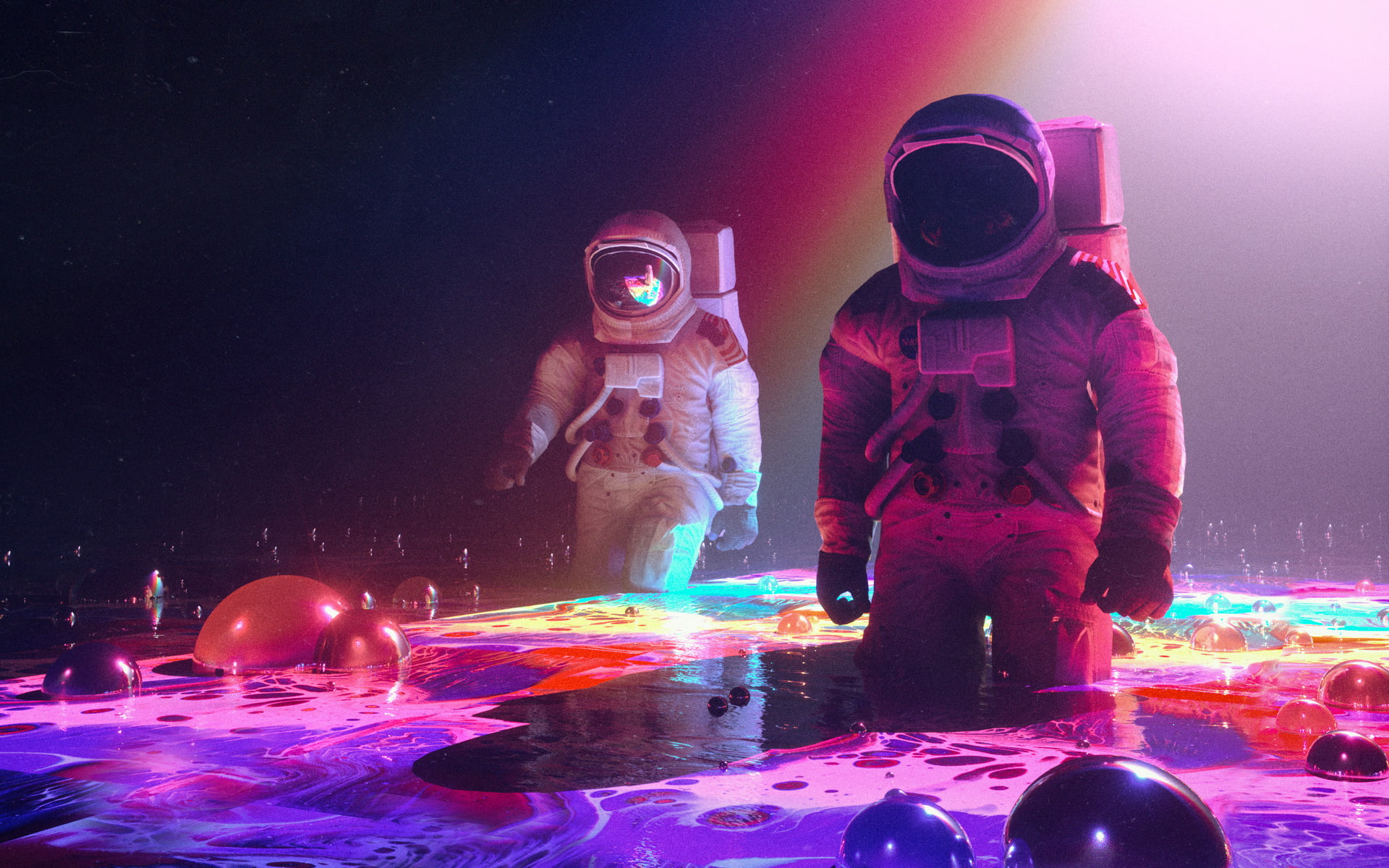Neon Astronauts, men, two people, indoors, futuristic, real people