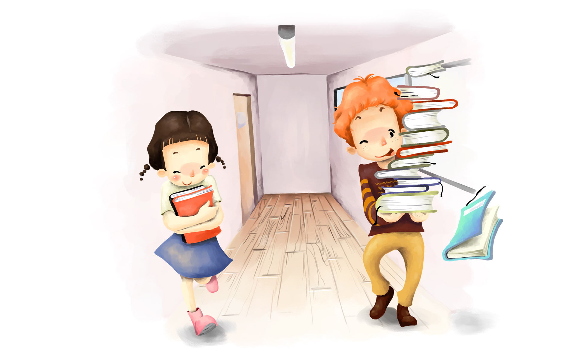 two boy and girl carrying books artwork, figure, help, corridor