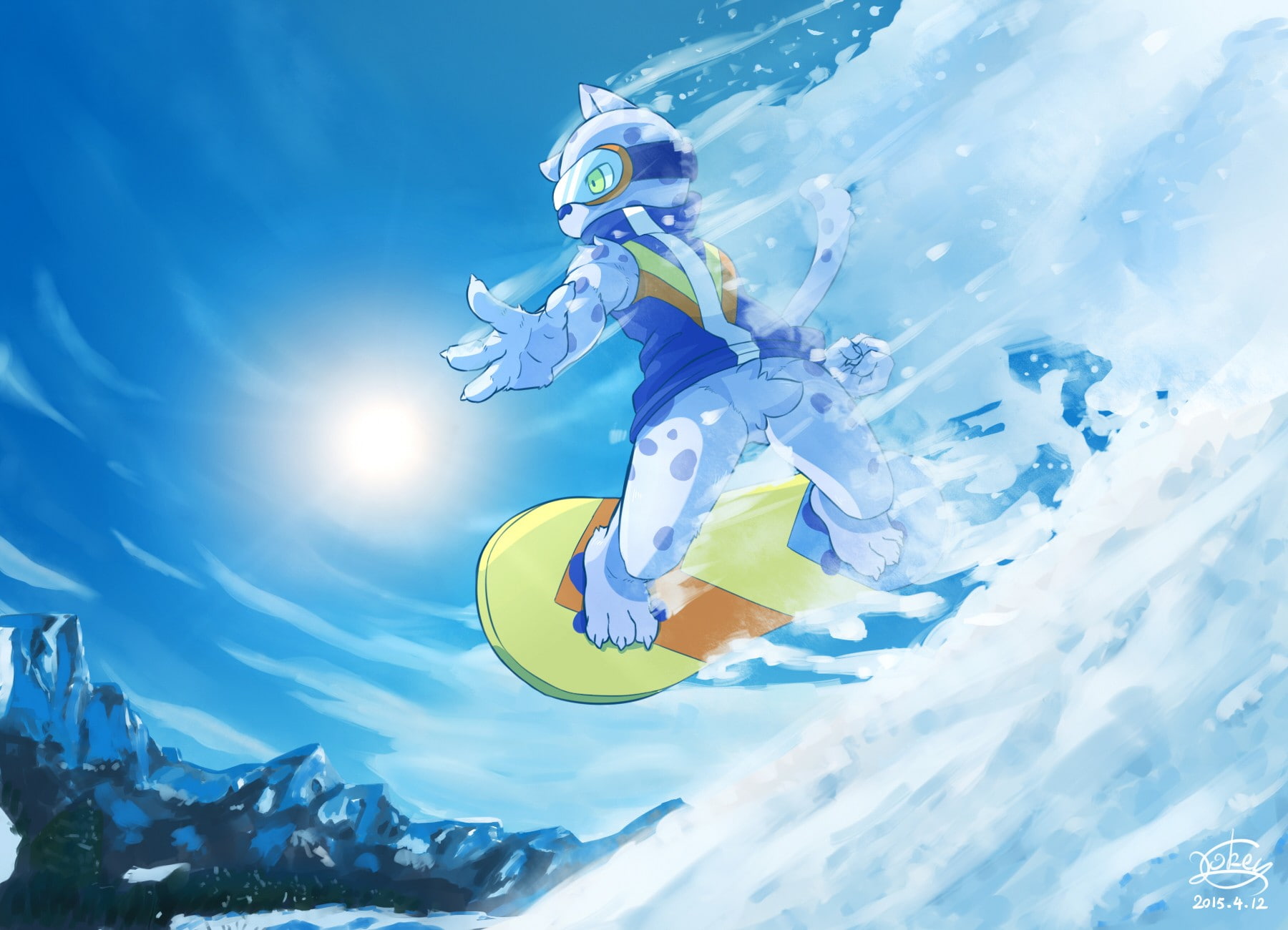 furry, Anthro, snowboarding, sport, full length, nature, one person
