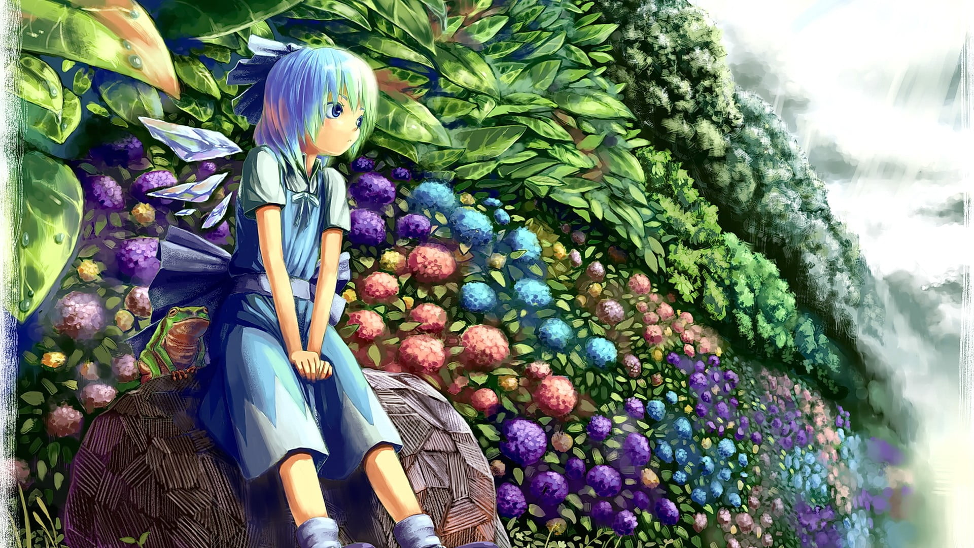 anime, blue hair, looking away, Cirno, flowers, Touhou, multi colored
