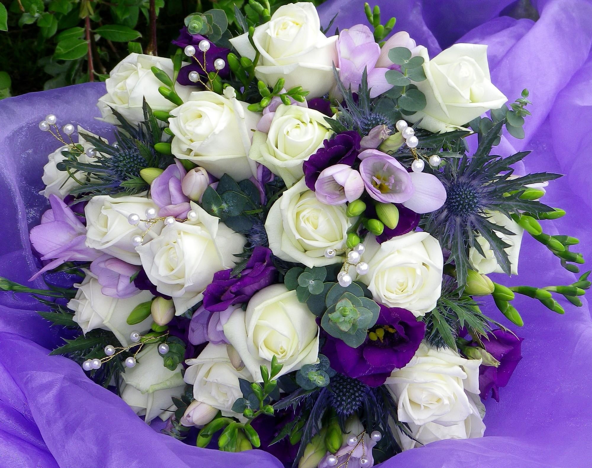 white and purple rose bouquet, russell lisianthus, roses, freesia