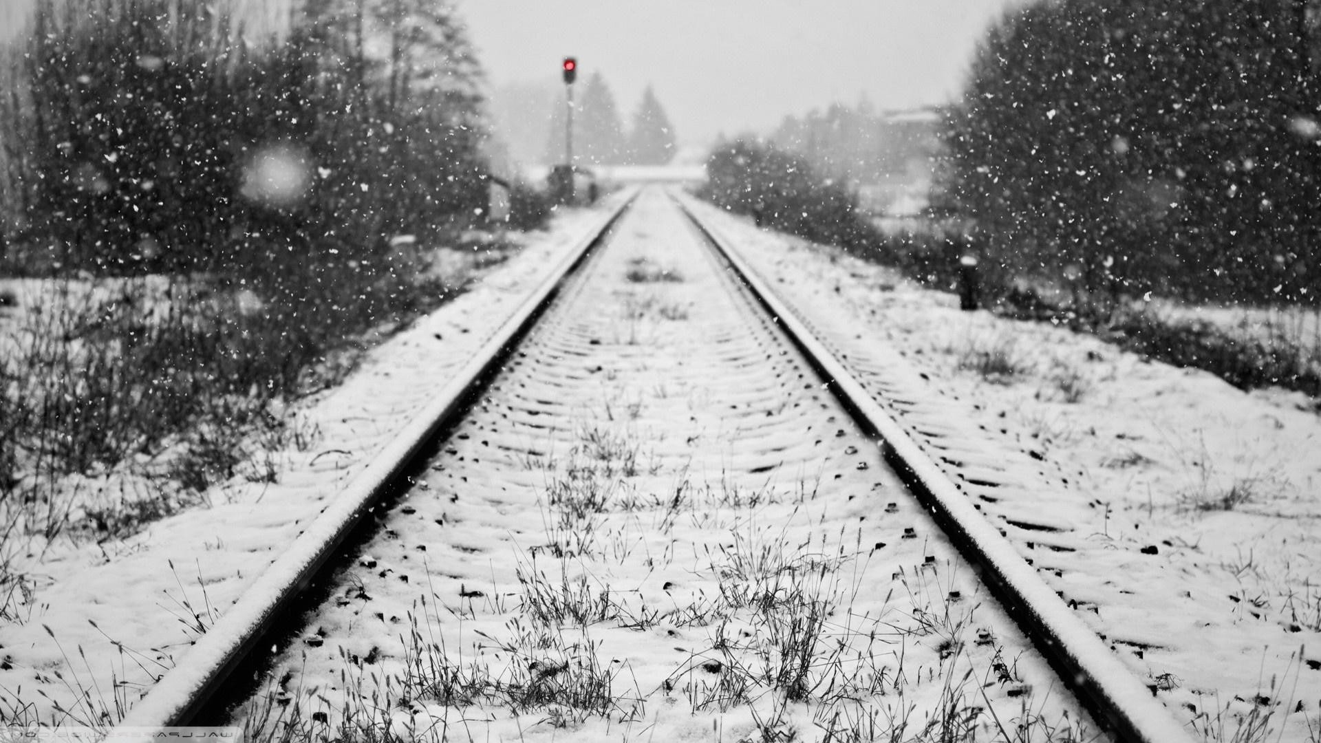 railway, snow, winter, snowing, railroad track, overcast, transportation