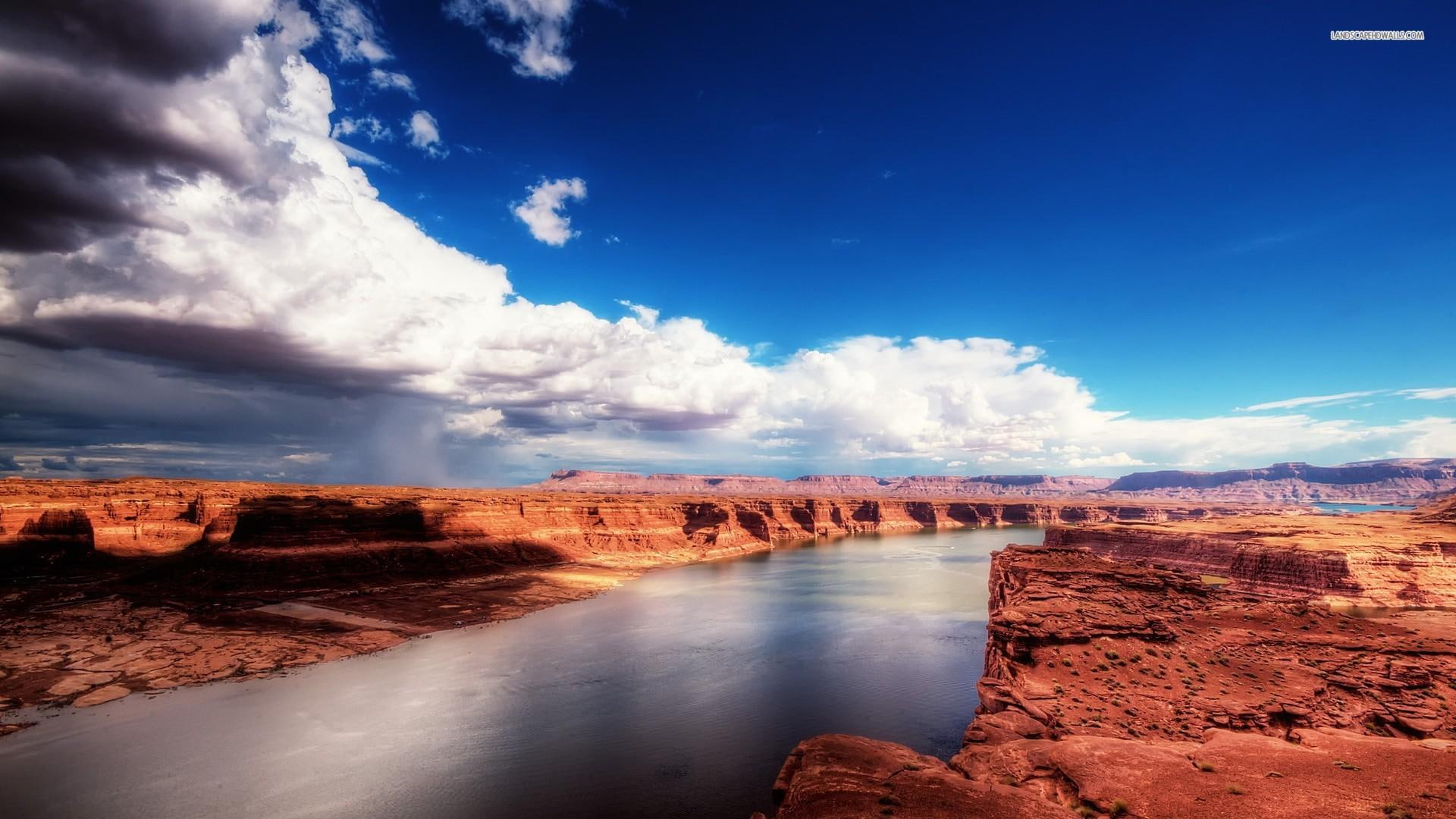 Great Desert River, cliffs, clouds, nature and landscapes