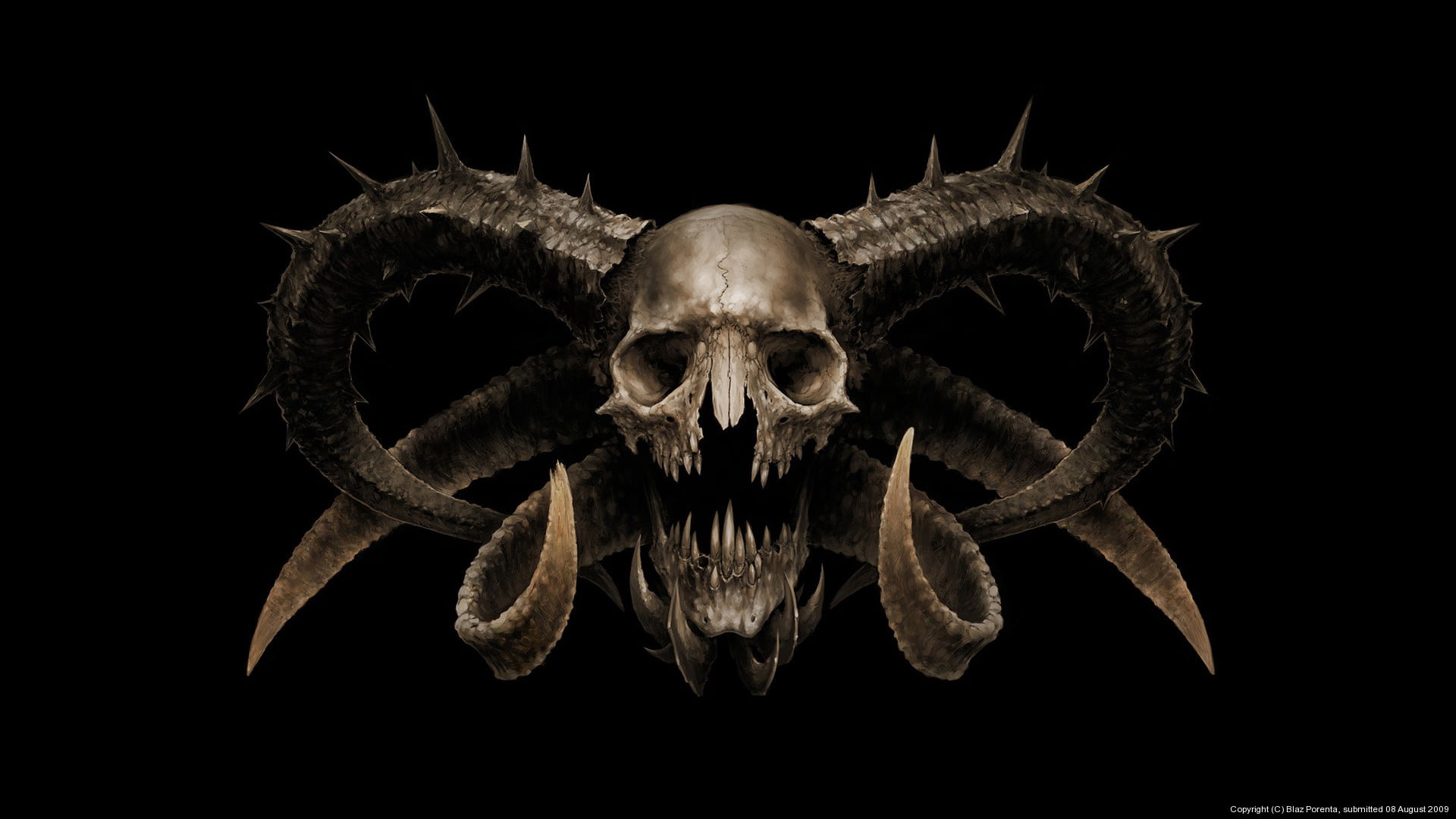 brown skull with six horns wallpaper, fear, the devil, horror