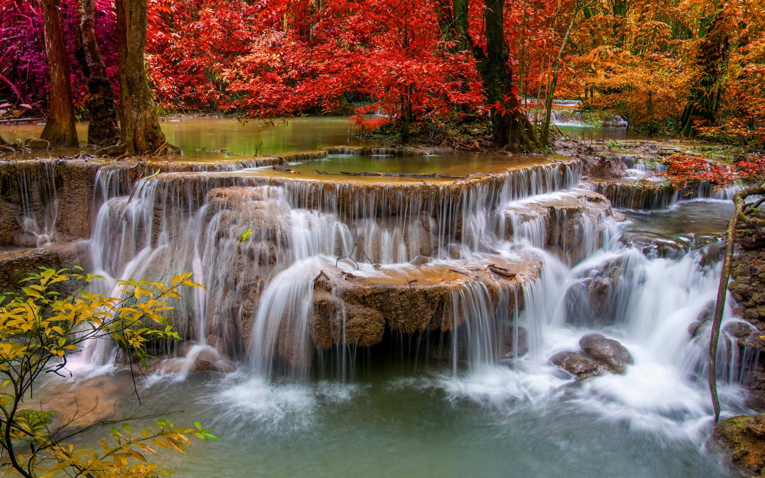 waterfalls wallpaper, nature, landscape, autumn, tree, beauty in nature