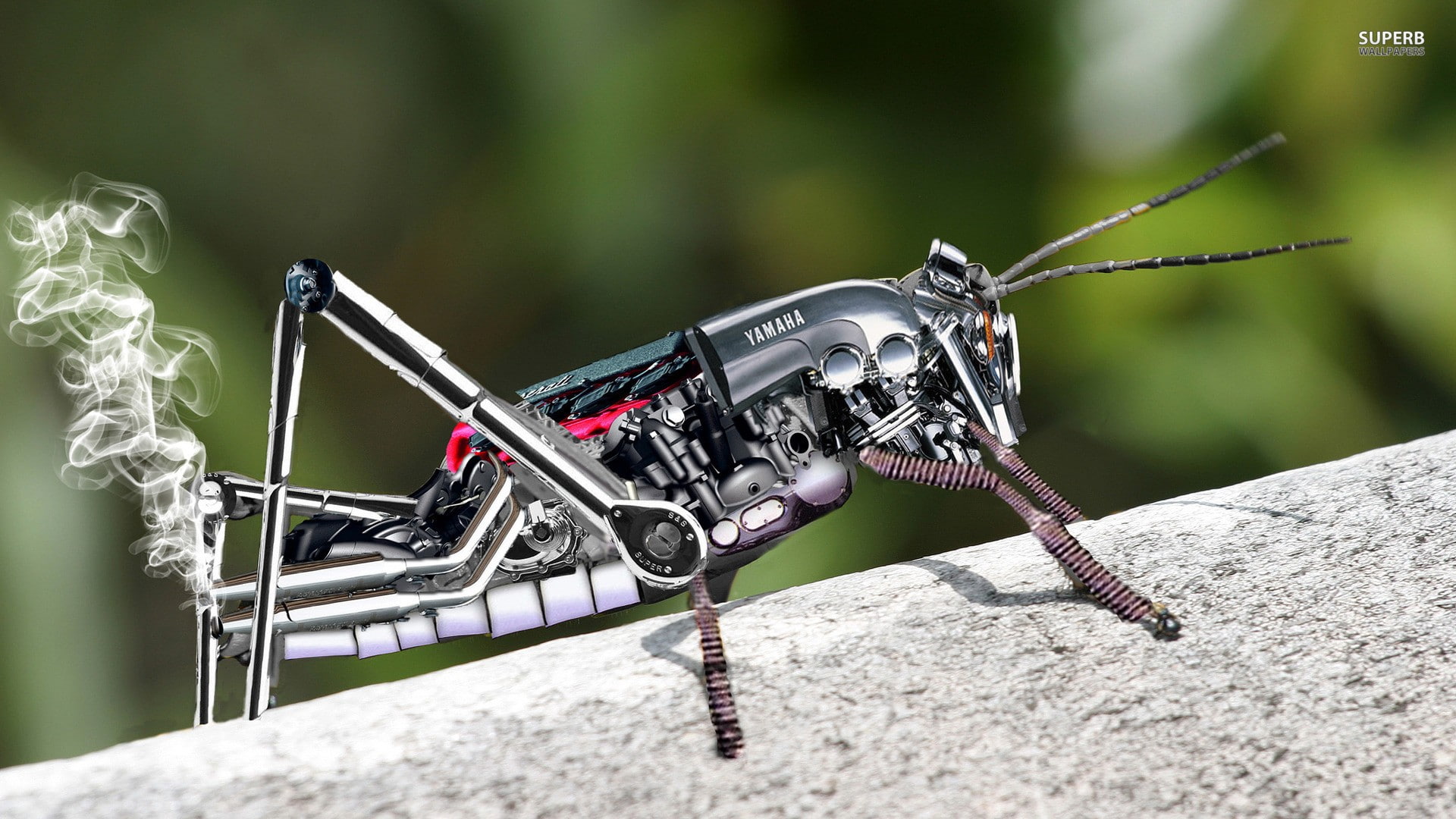 insect, Yamaha, smoke, grasshopper, digital art, robot