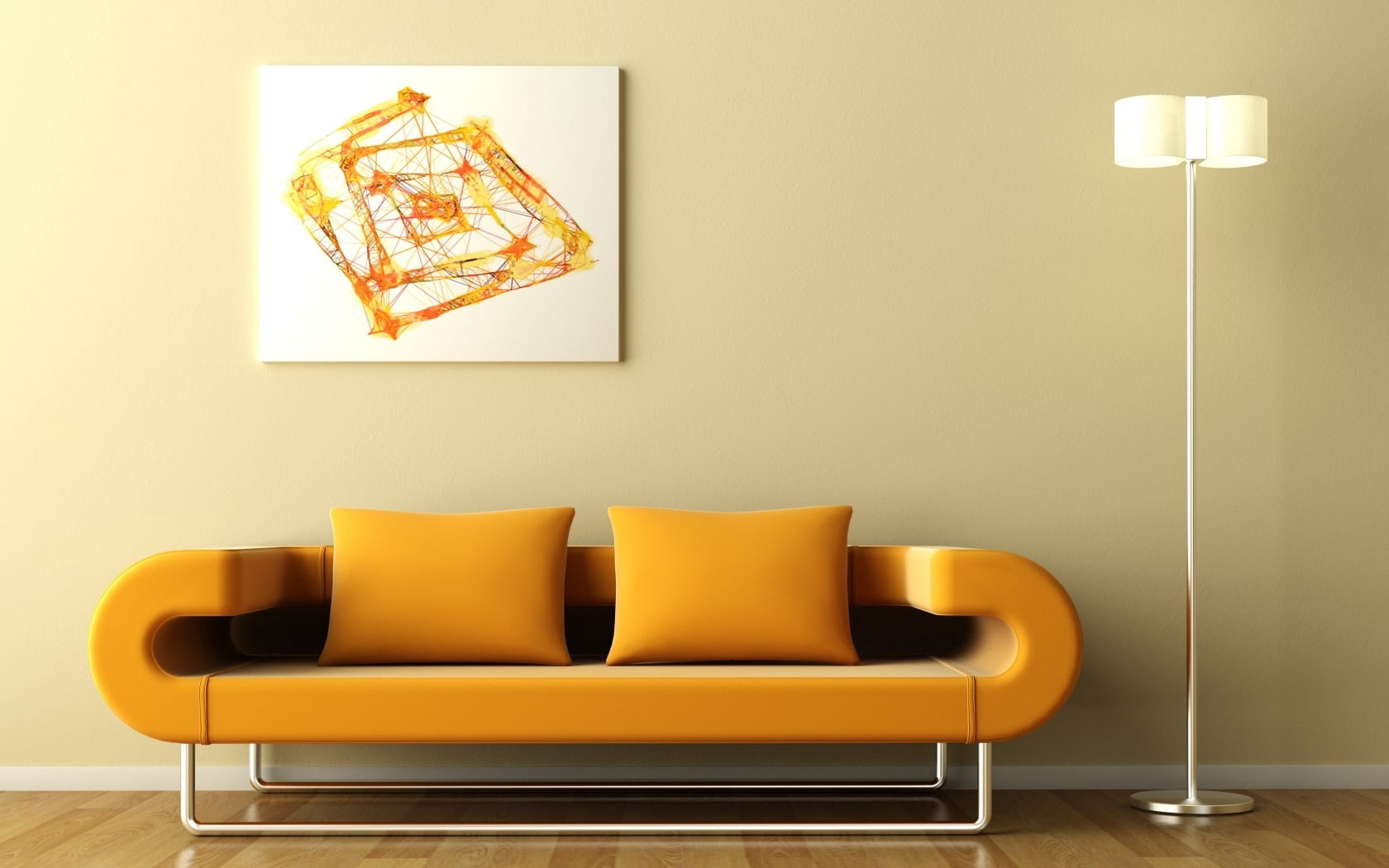orange padded sofa, paintings, lamps, abstraction, parquet, furniture