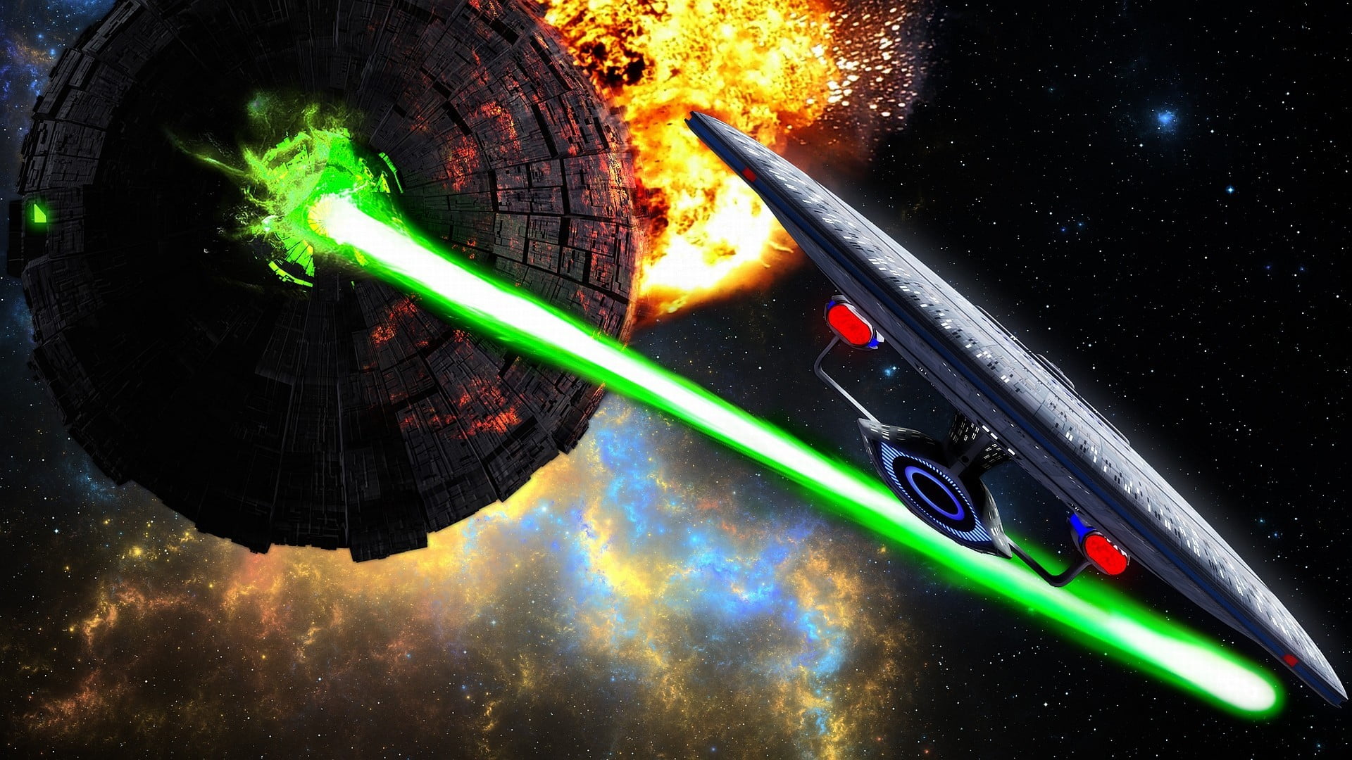 Star Wars Death Star digital wallpaper, artwork, Star Trek, green color