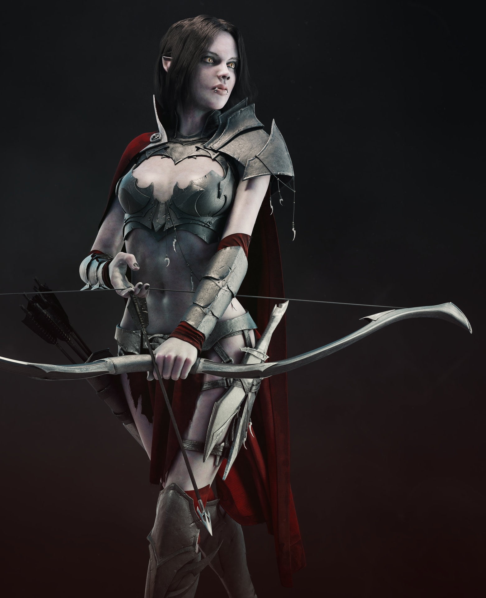 arrows, armor, brunette, dark elf, fantasy art, cape, weapon