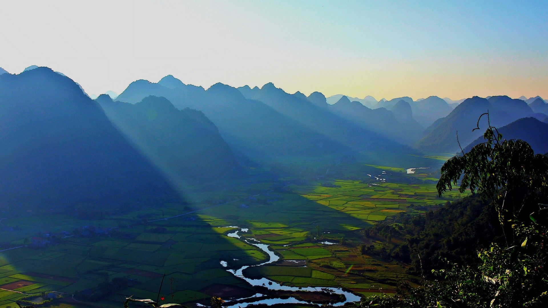 Landscape, Nature, Sunrise, Mountain, Mist, Valley, River, Field, Sun Rays, Vietnam, Clear Sky, Morning, Farm