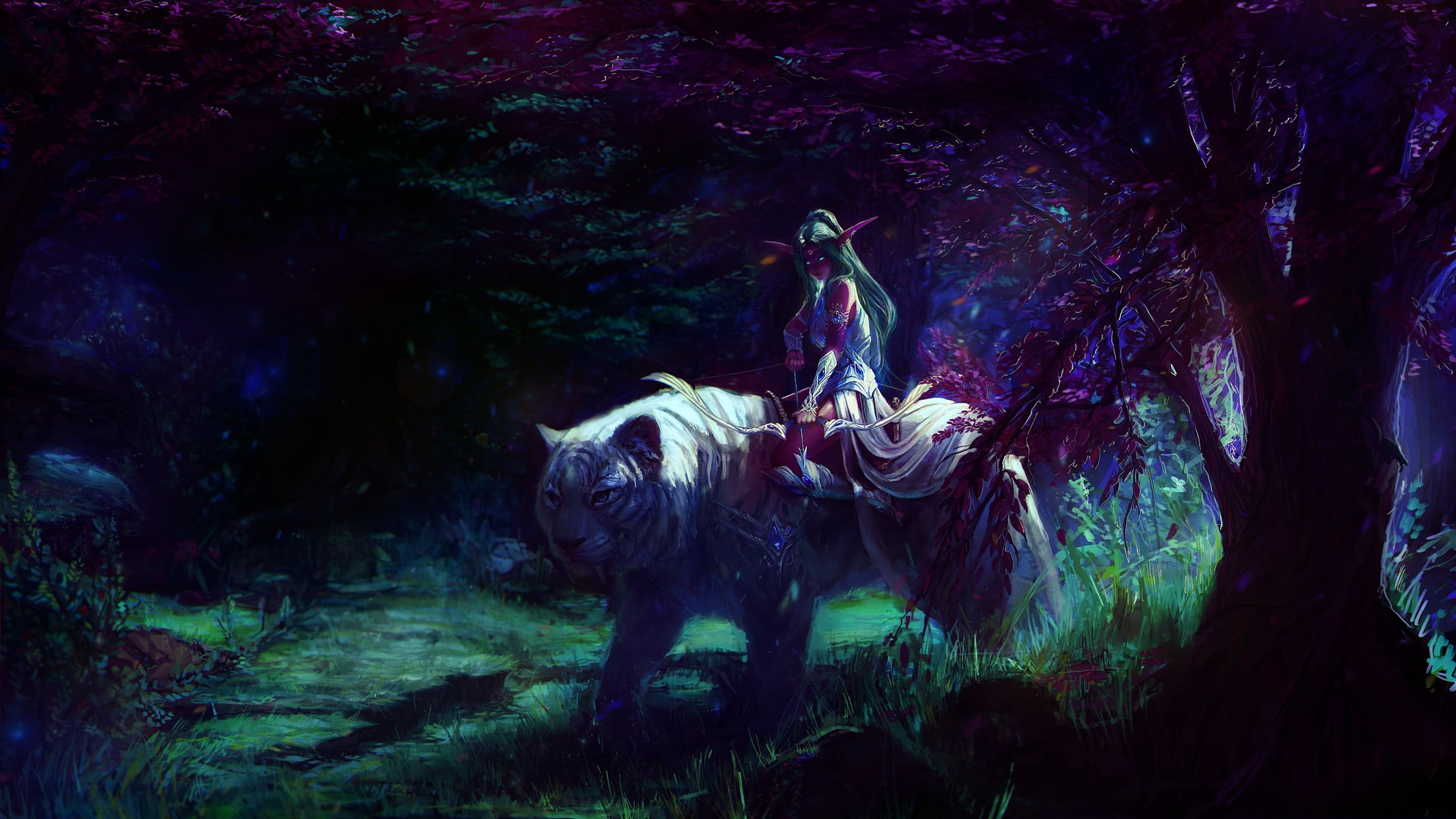 person sitting on tiger illustration, fantasy art, Tyrande, World of Warcraft