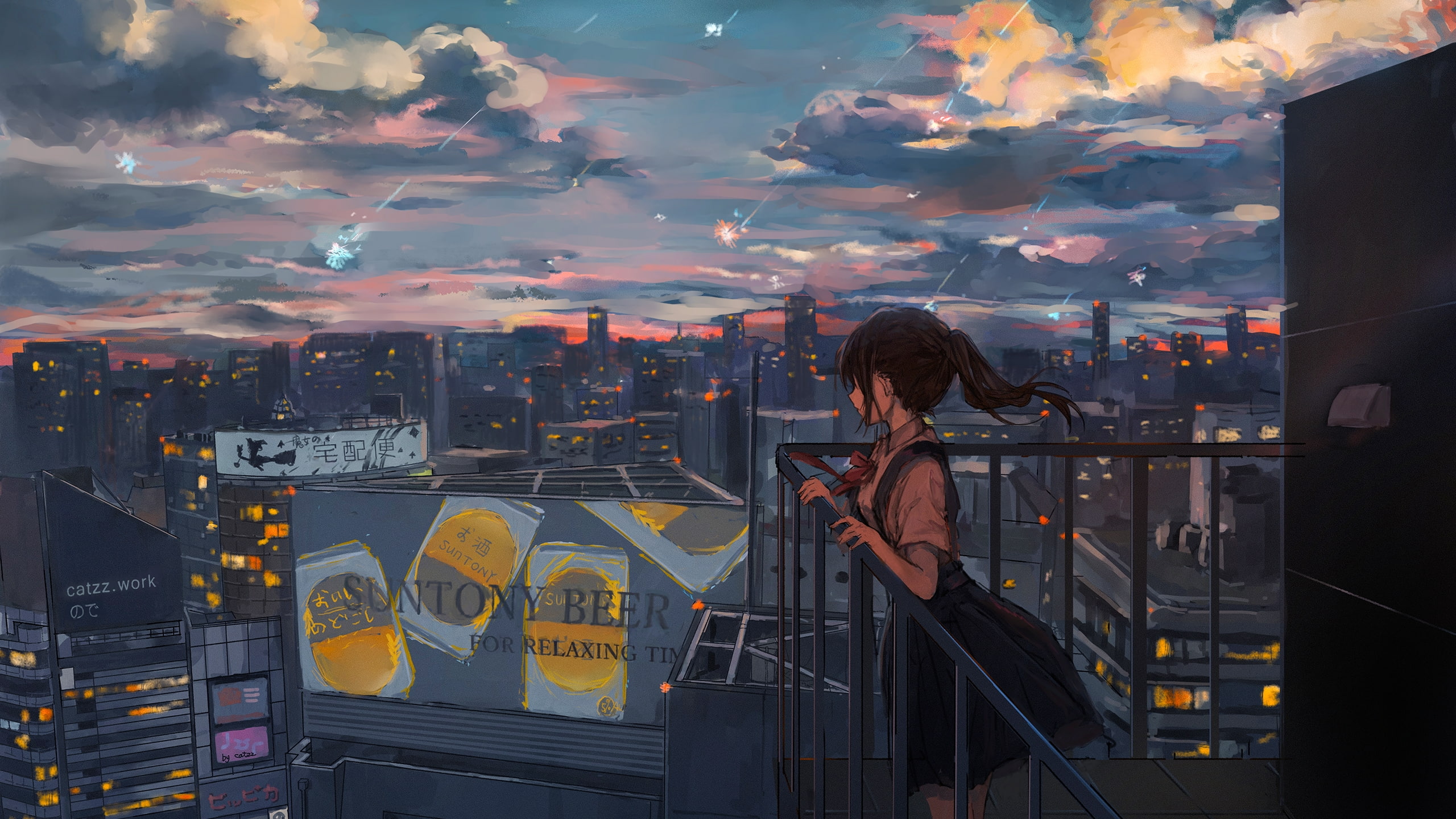 anime girl, sadness, falling stars, cityscape, scenic, rooftop