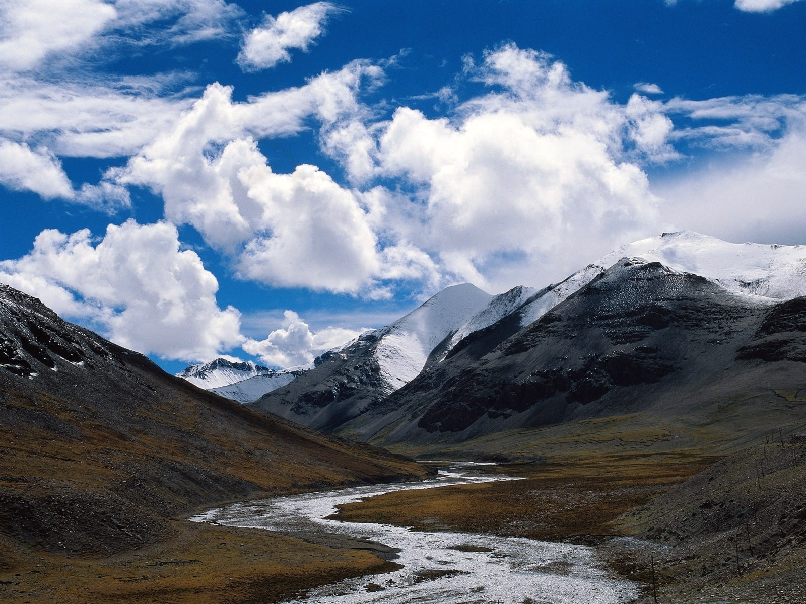 snow capped mountain, mountains, river, bends, clouds, nature
