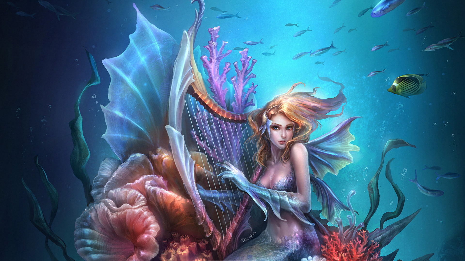 Fantasy, Mermaid, Harp, Ocean