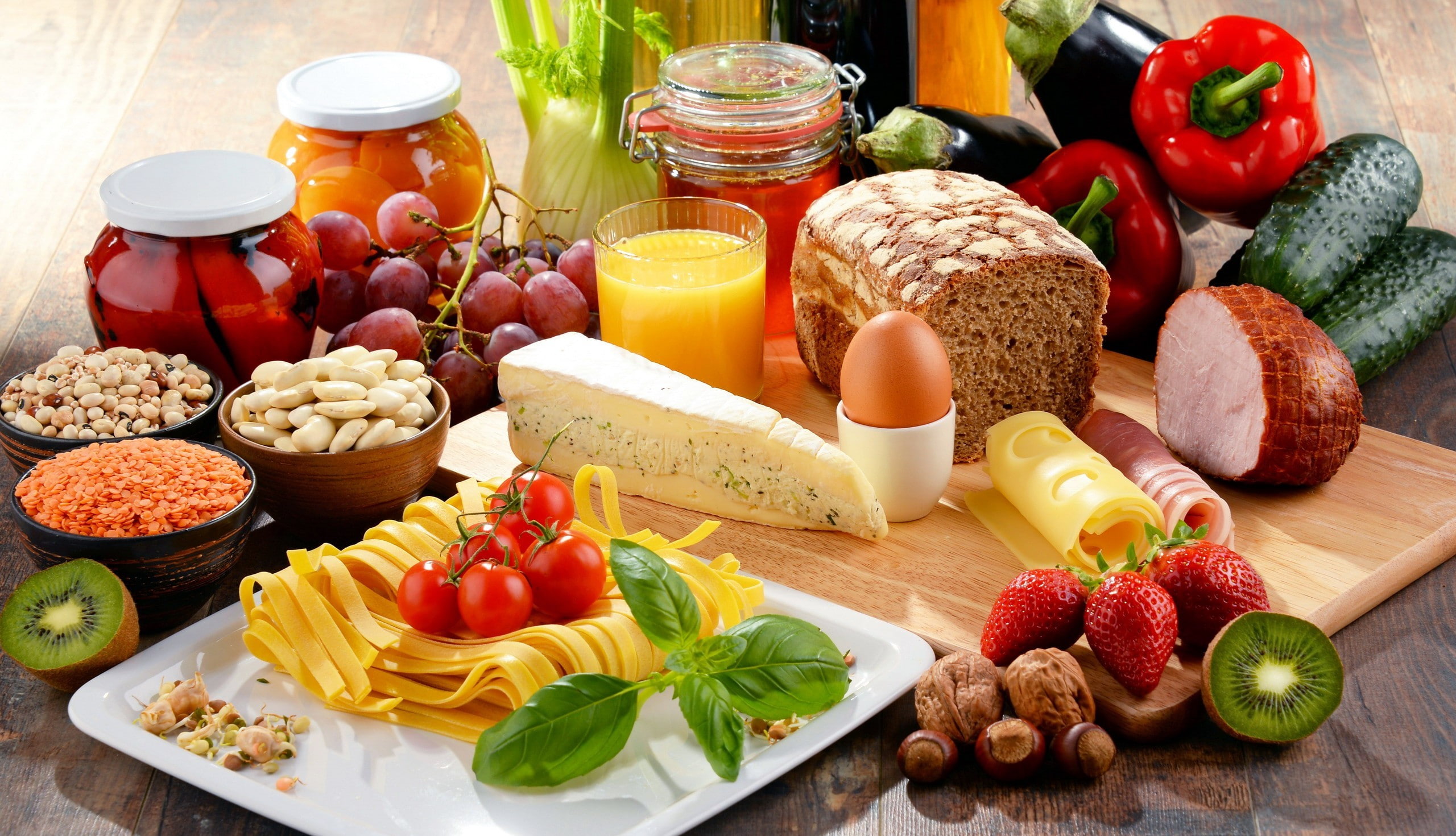 food, still life, cheese, fruit, noodles, bread, strawberries
