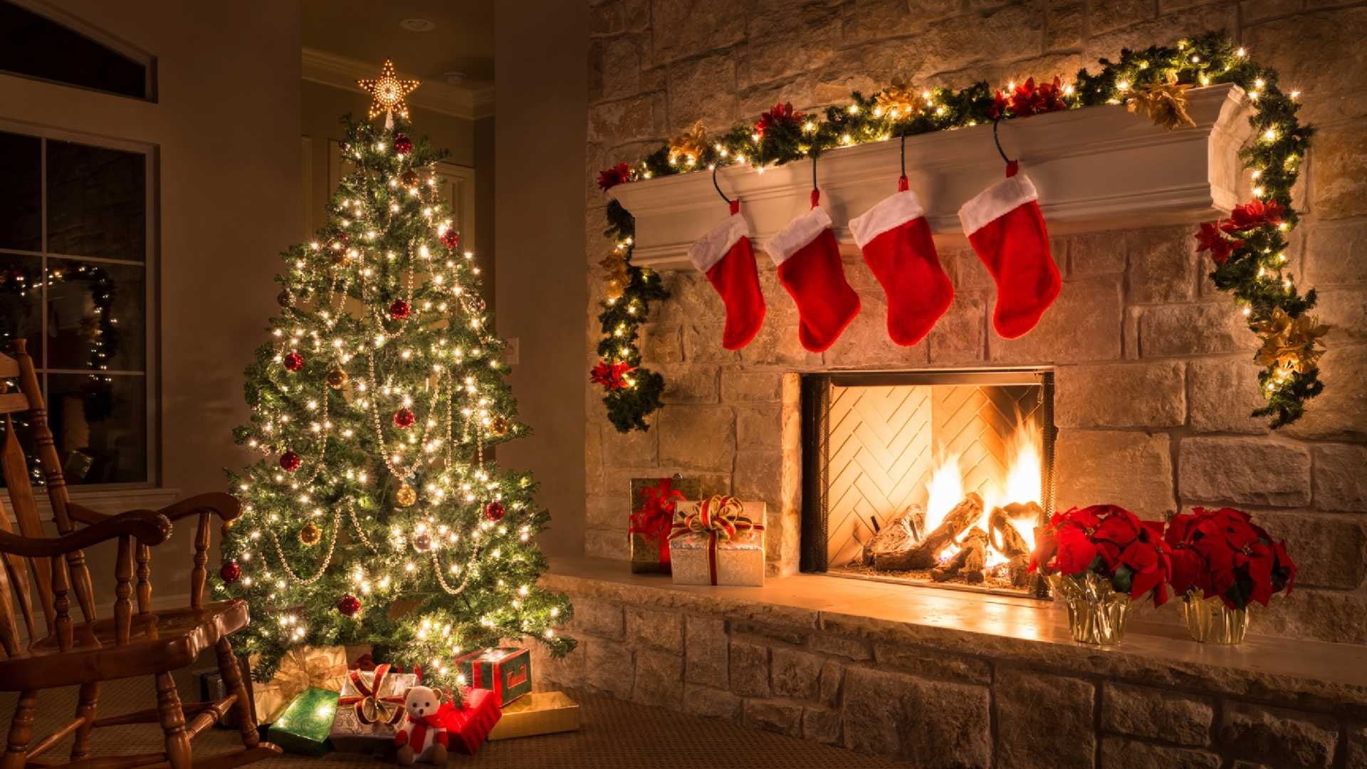 christmas, christmas tree, fireplace, indoor, christmas decoration