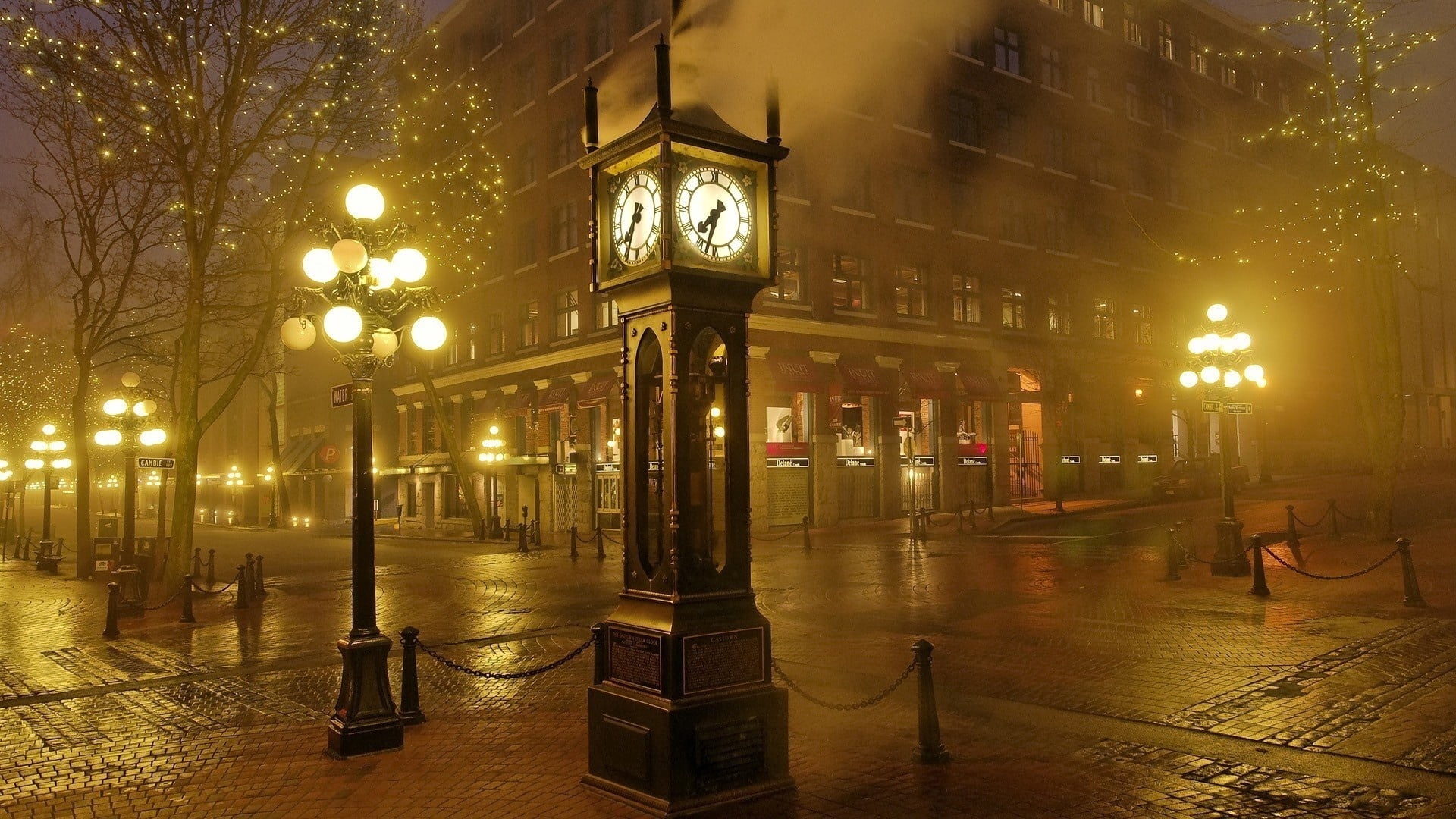 gray grandfathers clock, hours, night, lights, street, city, sepia