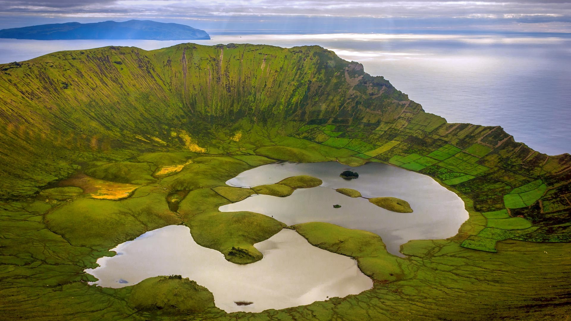lake  nature  clouds  field  water  Portugal  grass  sun rays  birds eye view  hills  sea  island  landscape  Azores  mountains