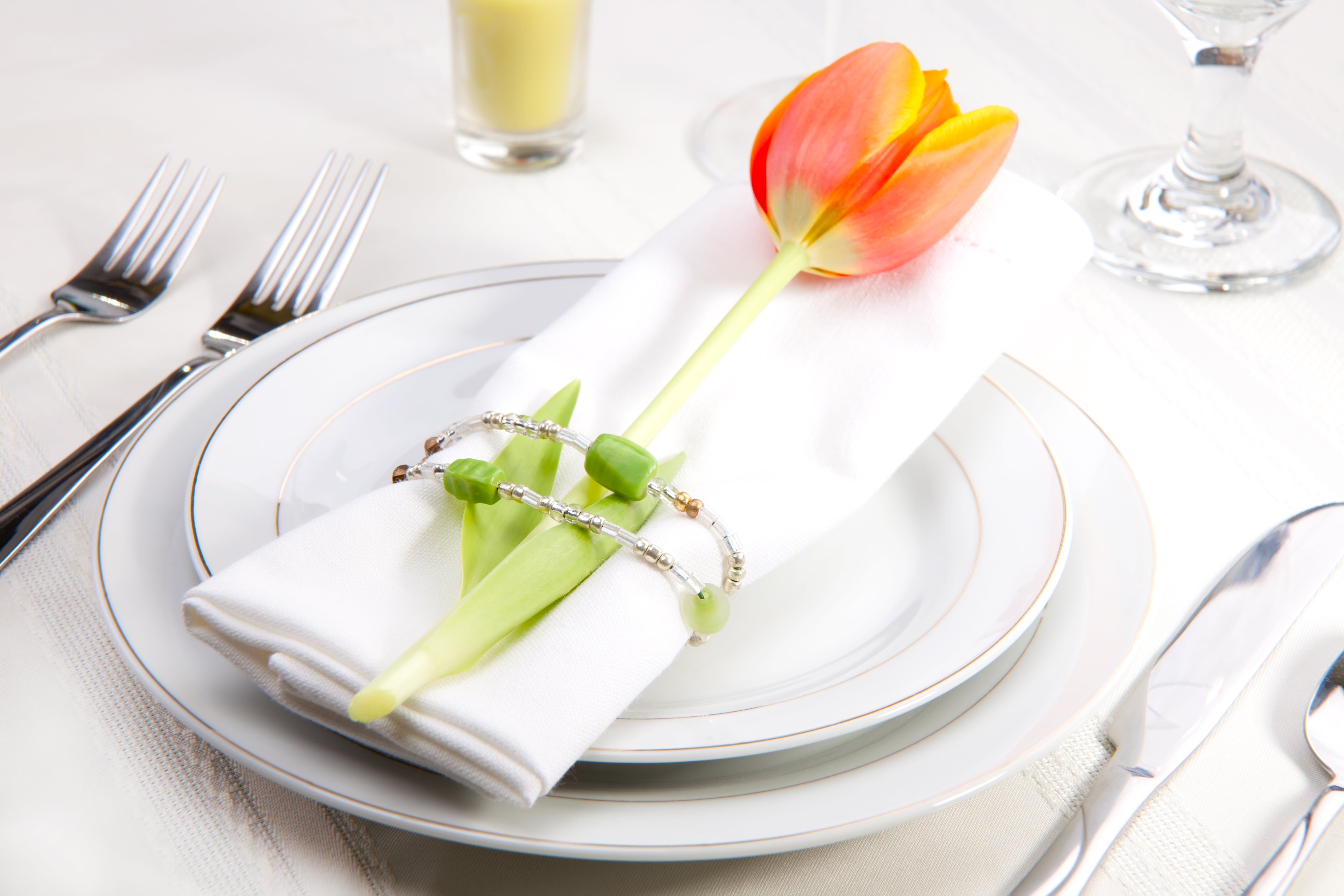 red tulip flower, plate, napkin, serving, Cutlery, silverware