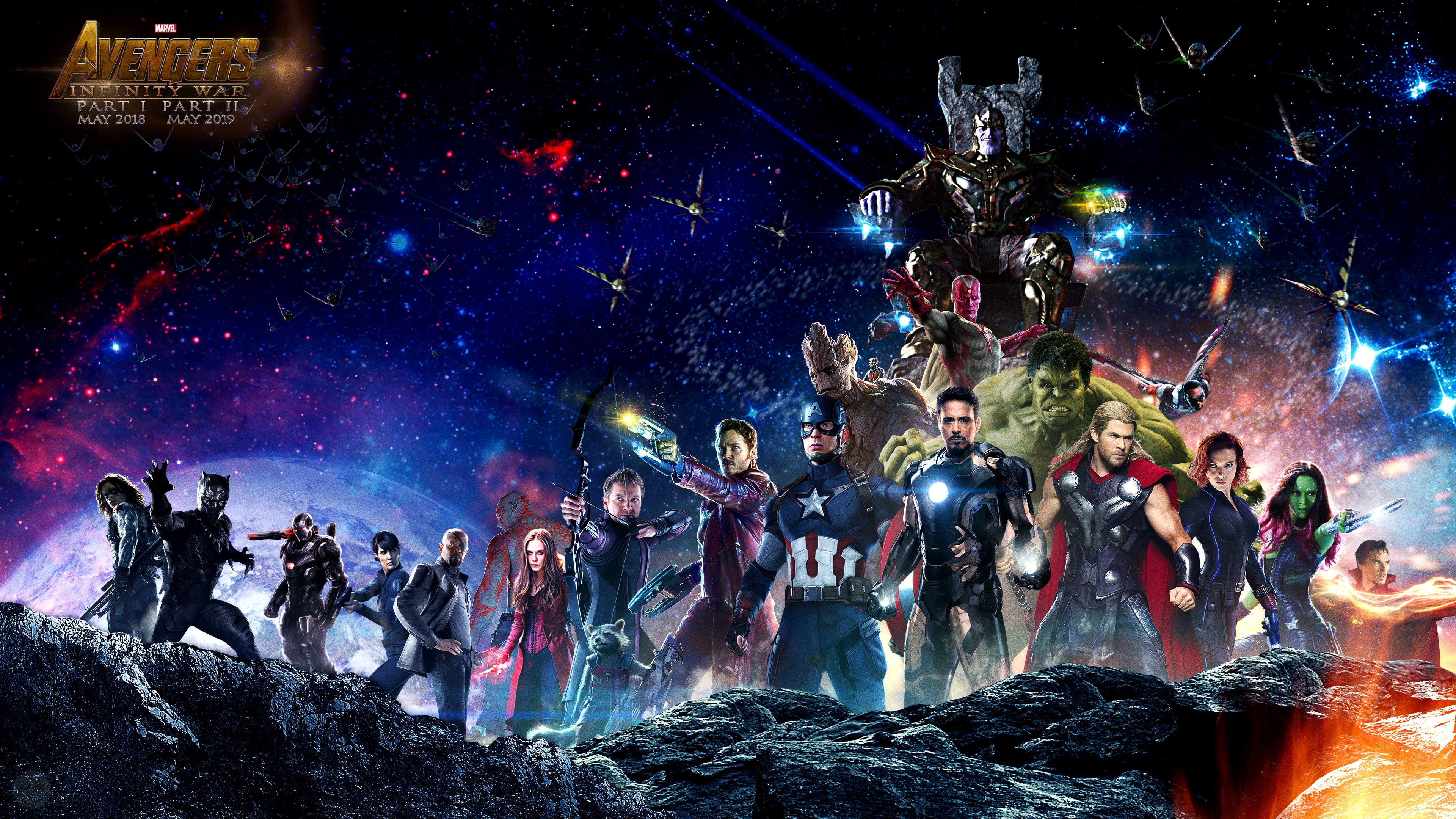Captain America, Loki, Drax, Spider-man, Hulk, Avengers: Infinity War