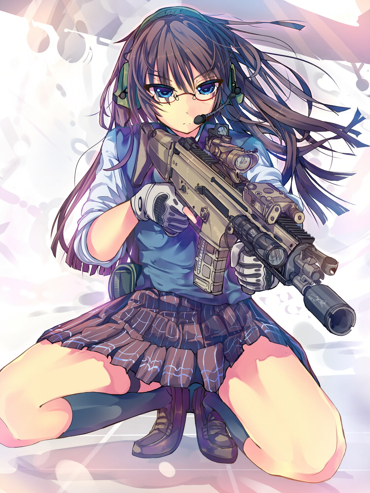 knee-highs, anime, gun, anime girls, glasses, blue eyes, weapon