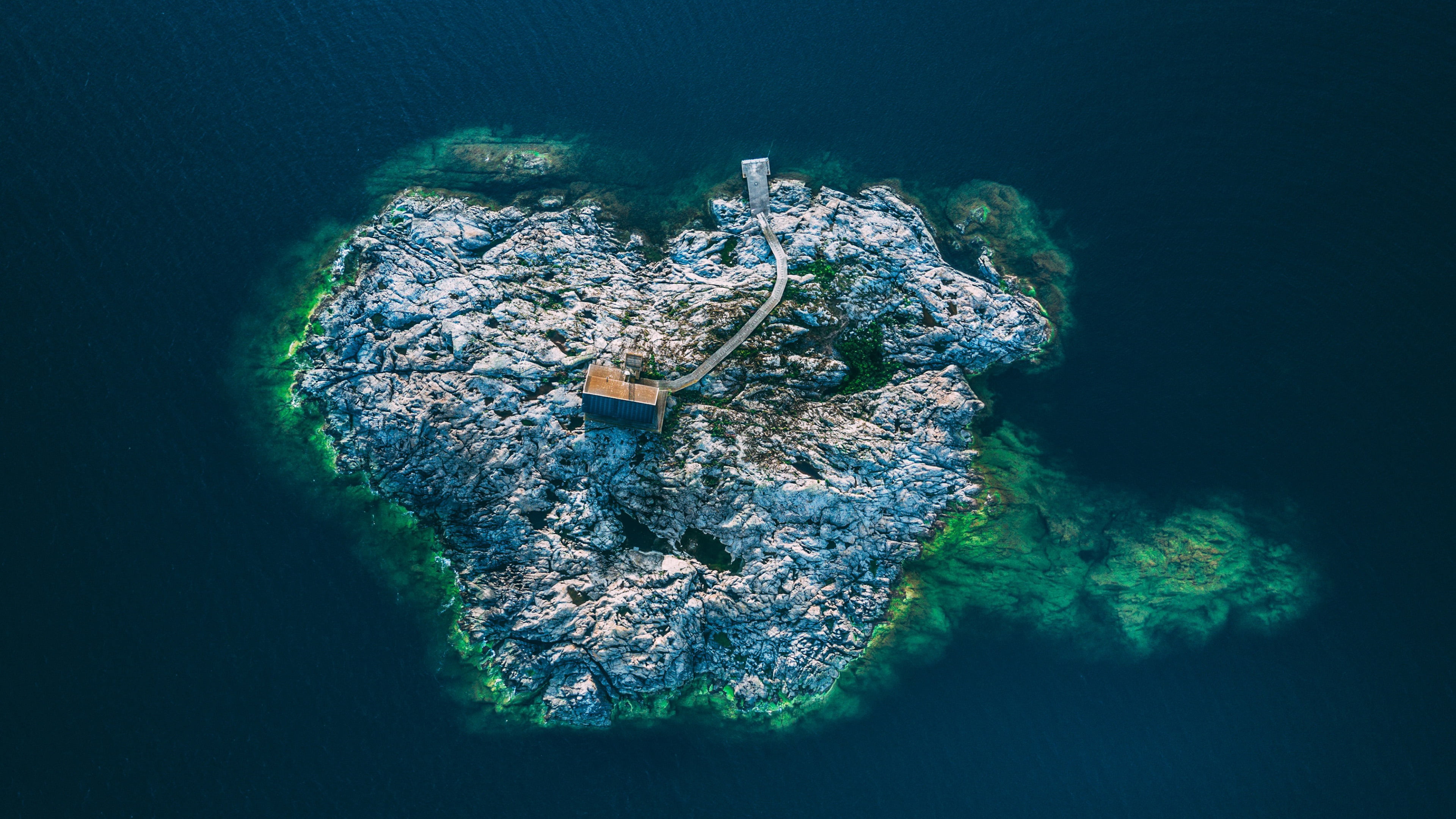 grey and green island, landscape, rocks, sea, water, architecture