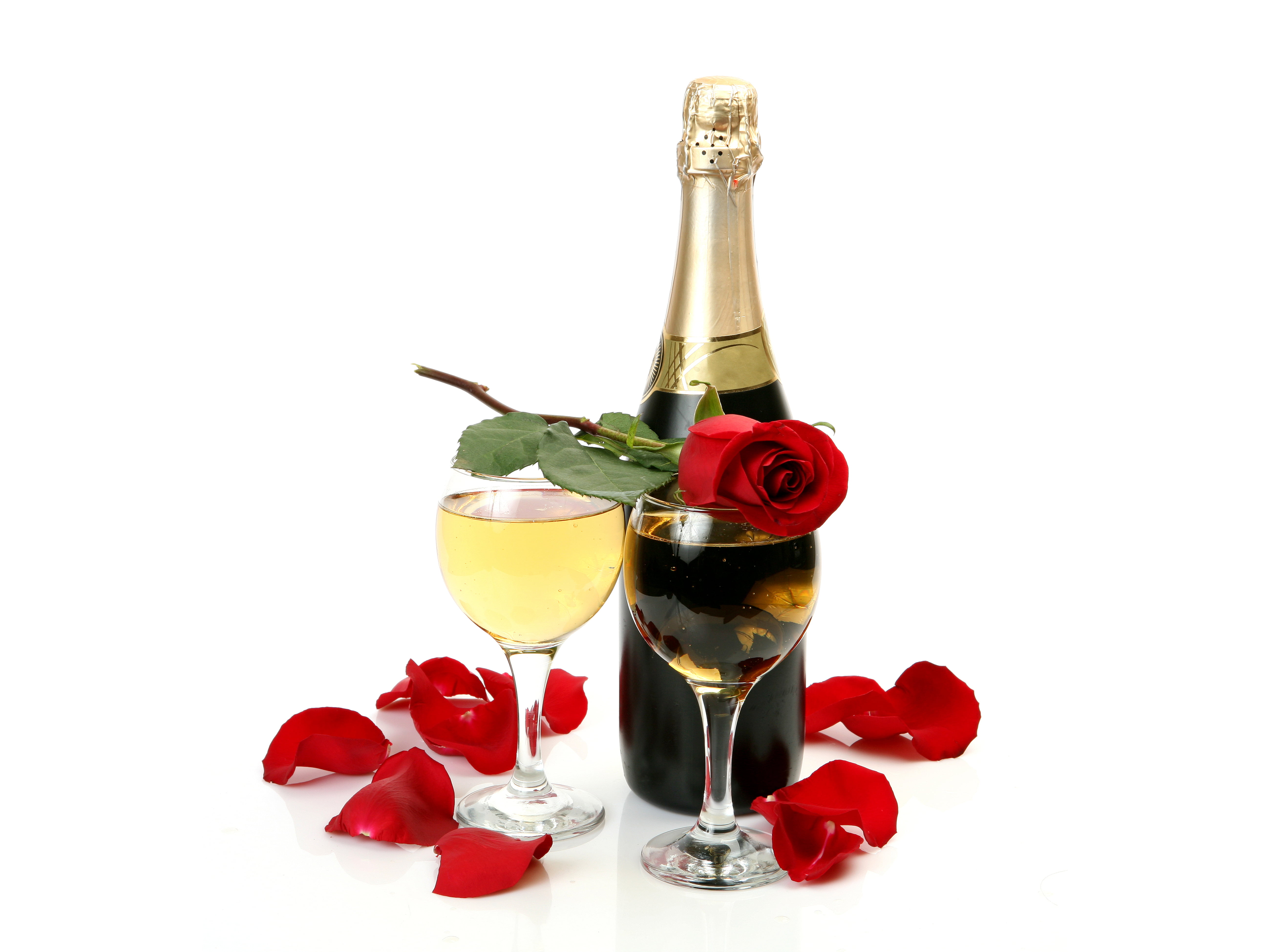two clear glass wines, rose, bottle, petals, glasses, white background