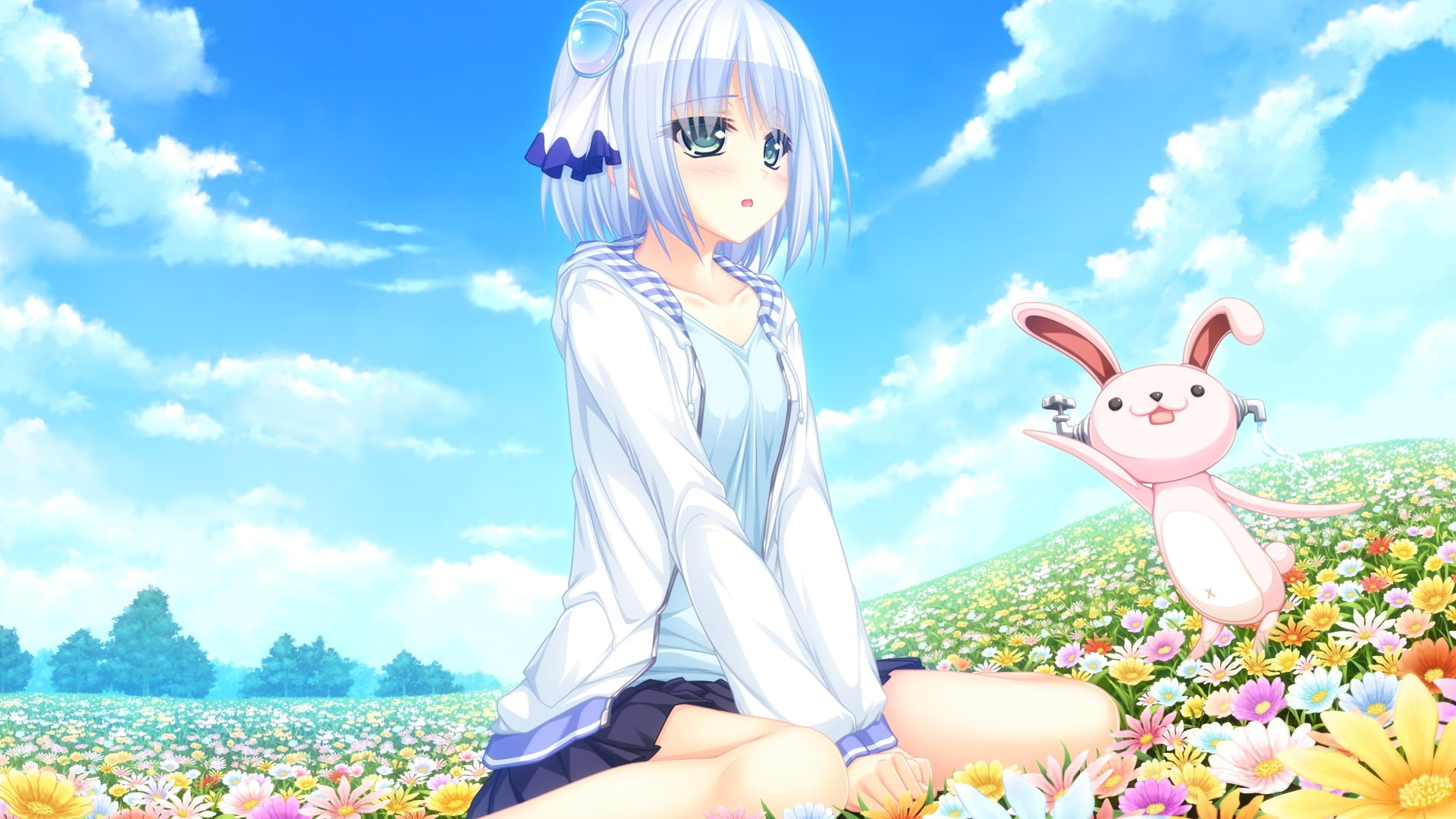 blue, clouds, eyes, flowers, game, green, hair, koinokawa, nayameru