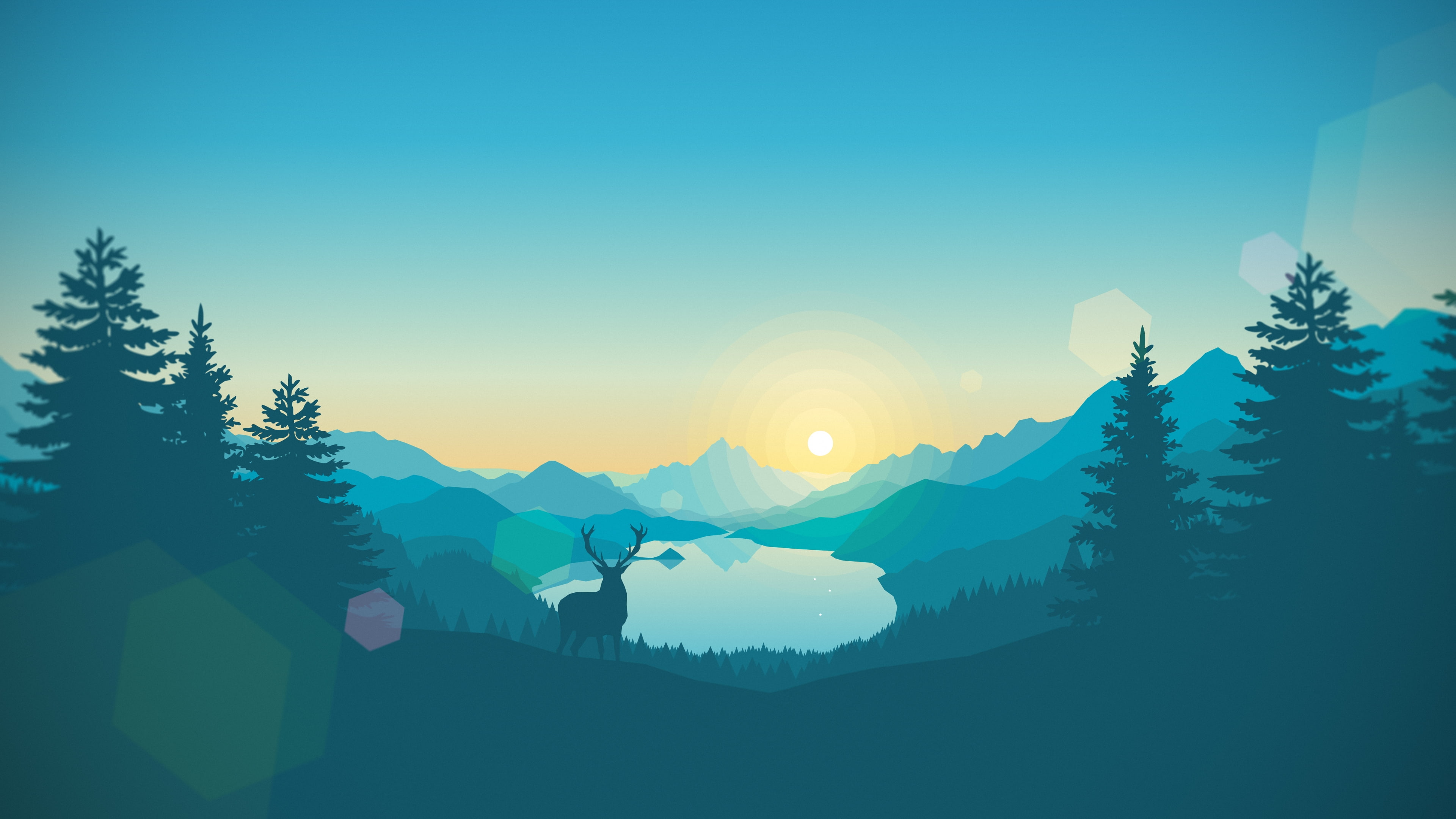 flat landscape, minimalism, deer, lake, mountains, digital art