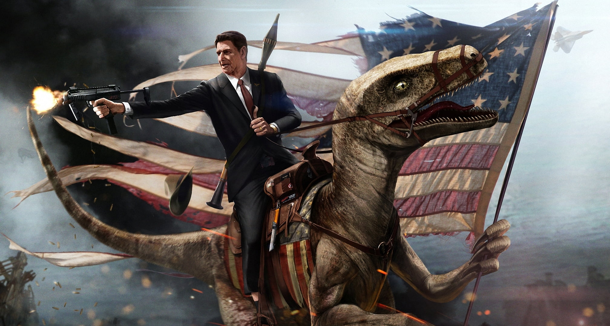 man in black suit holding rifle riding on dinosaur wallpaper