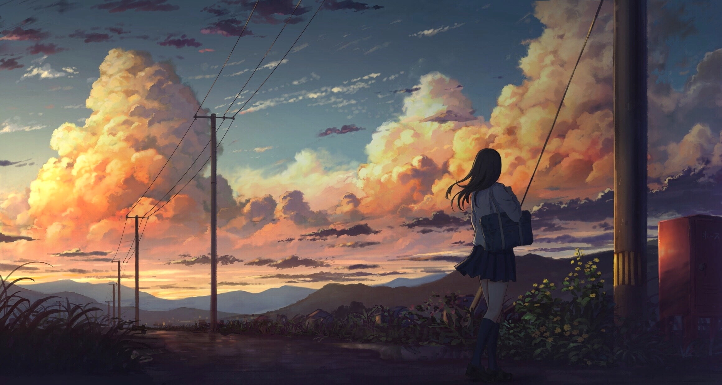 anime landscape, anime girl, clouds, scenic, sky, cloud - sky