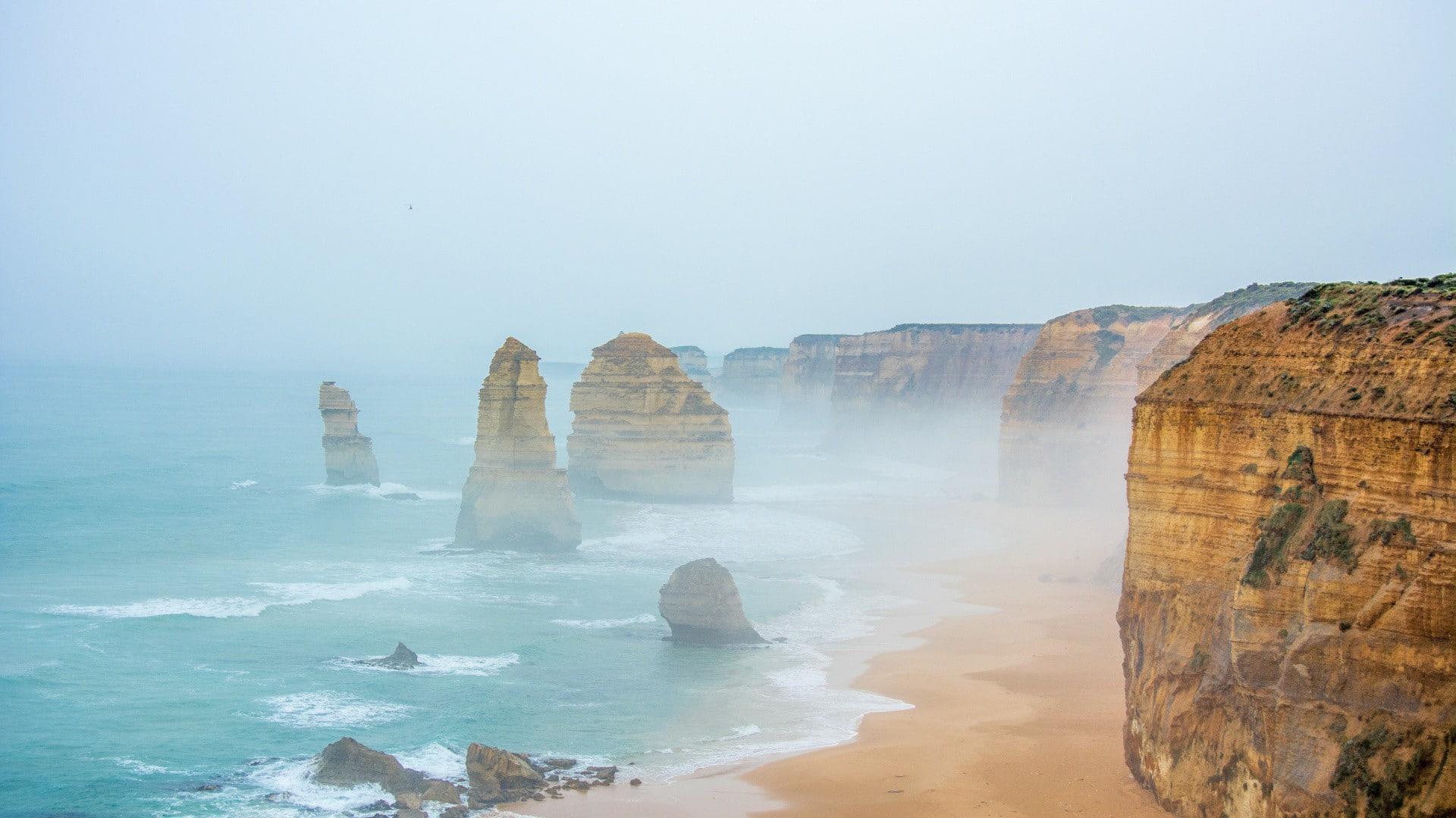 12 apostles, Australia, water, rocks, sand, mist, cliffs, sea