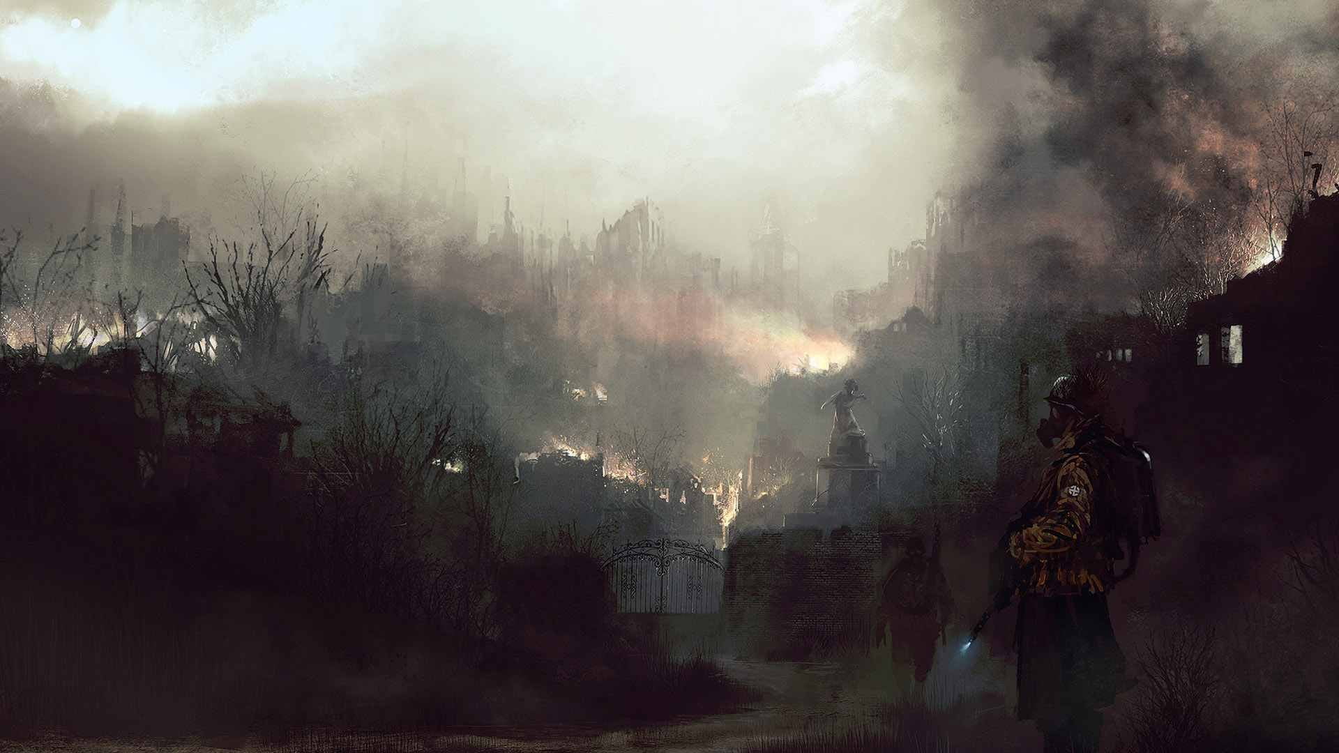 burning trees on mountain, apocalyptic, artwork, painting, futuristic