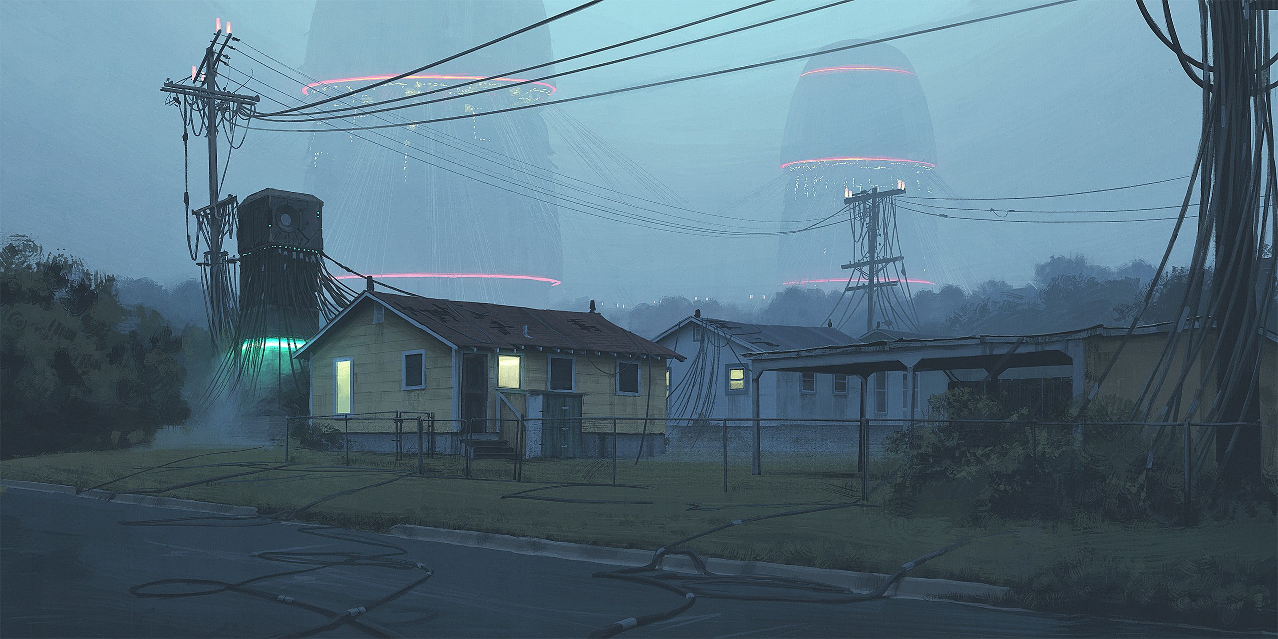 yellow bungalow, Simon Stålenhag, artwork, architecture, building exterior