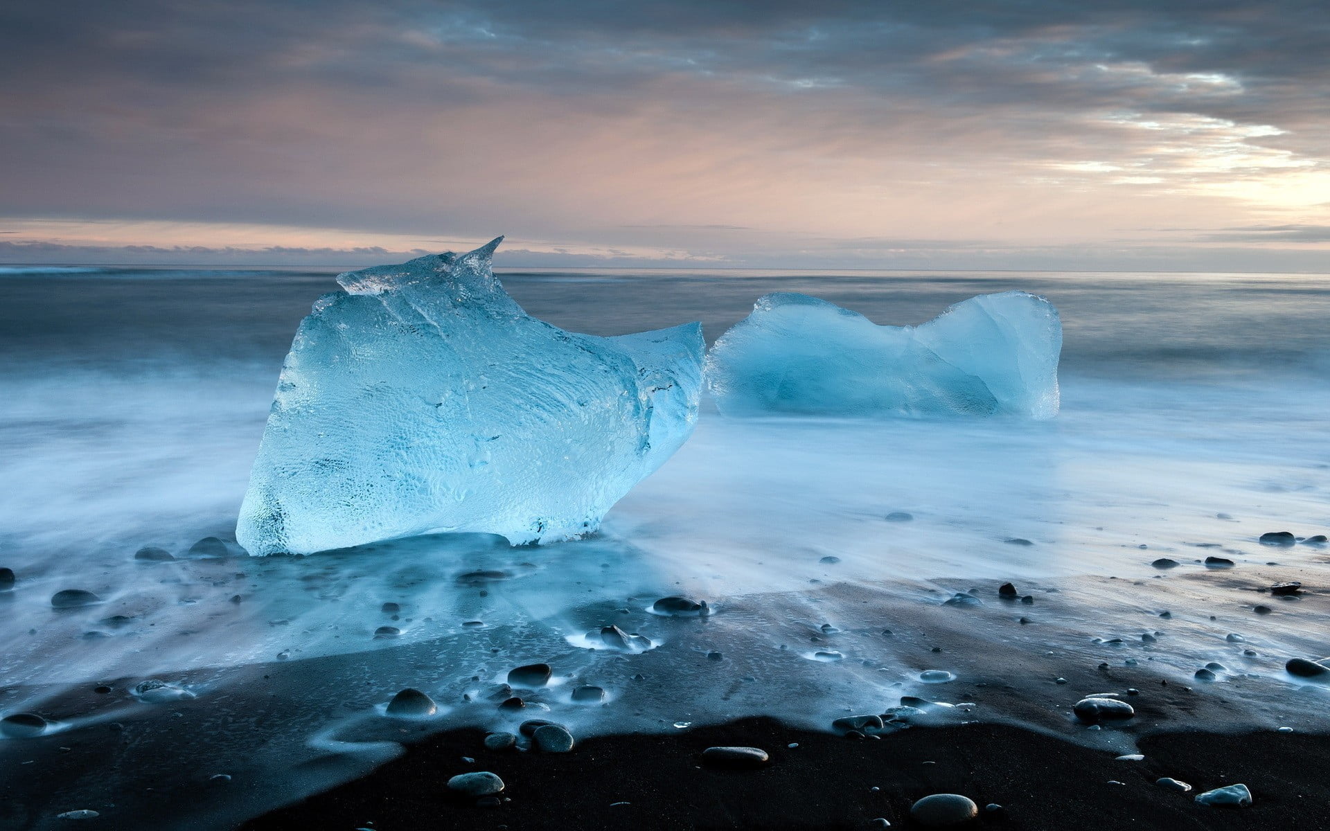 ice on body of water, iceberg, beach, sky, stones, landscape
