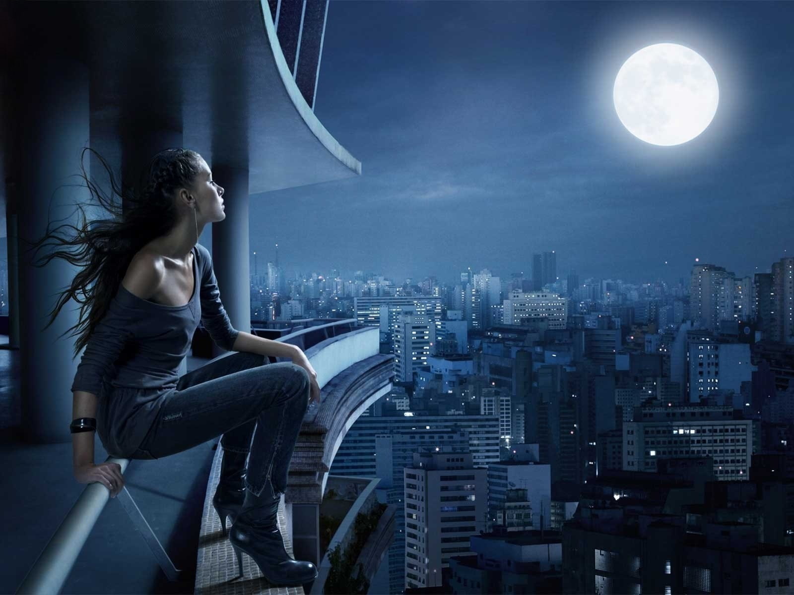 Girl, Moon, Night, Balcony, City, Loneliness, architecture
