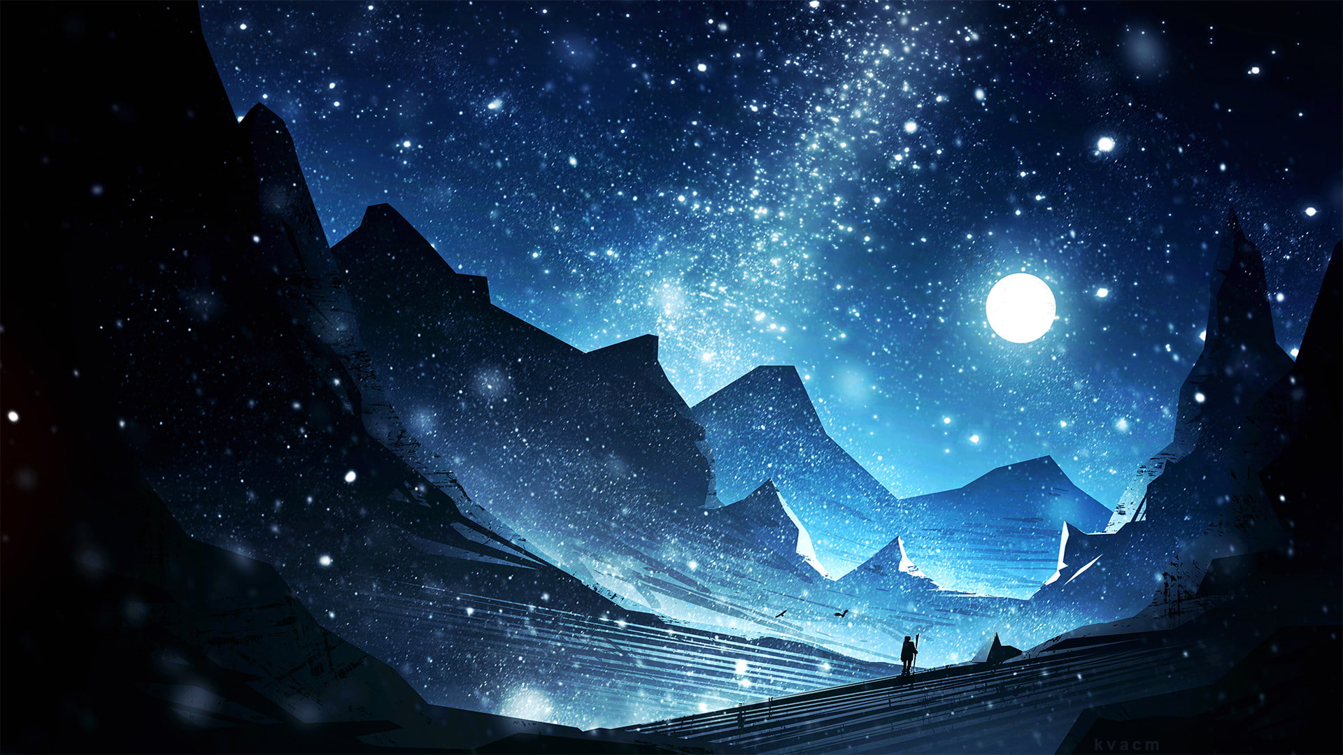 digital art, constellations, looking into the distance, mountains