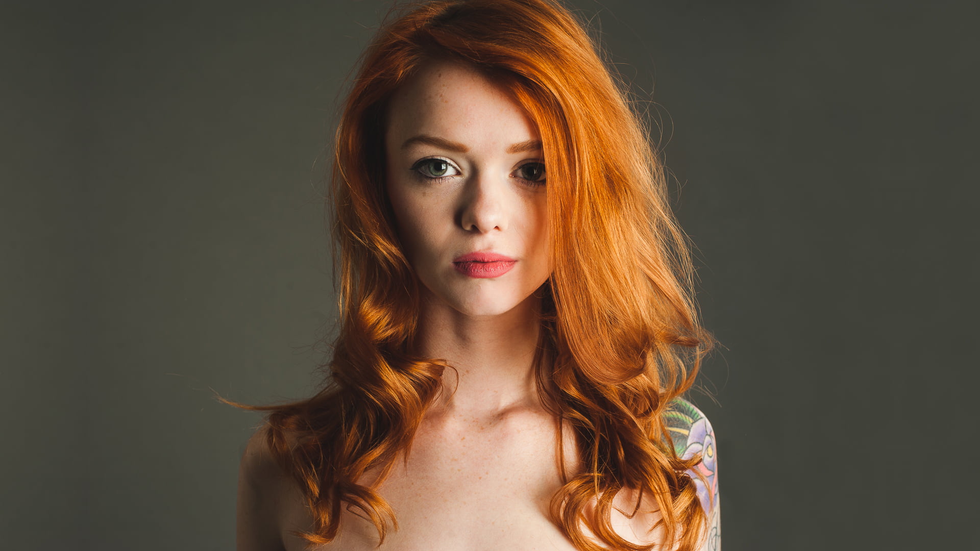 orange haired woman, Girl, Look, Model, Lips, Tattoo, red head