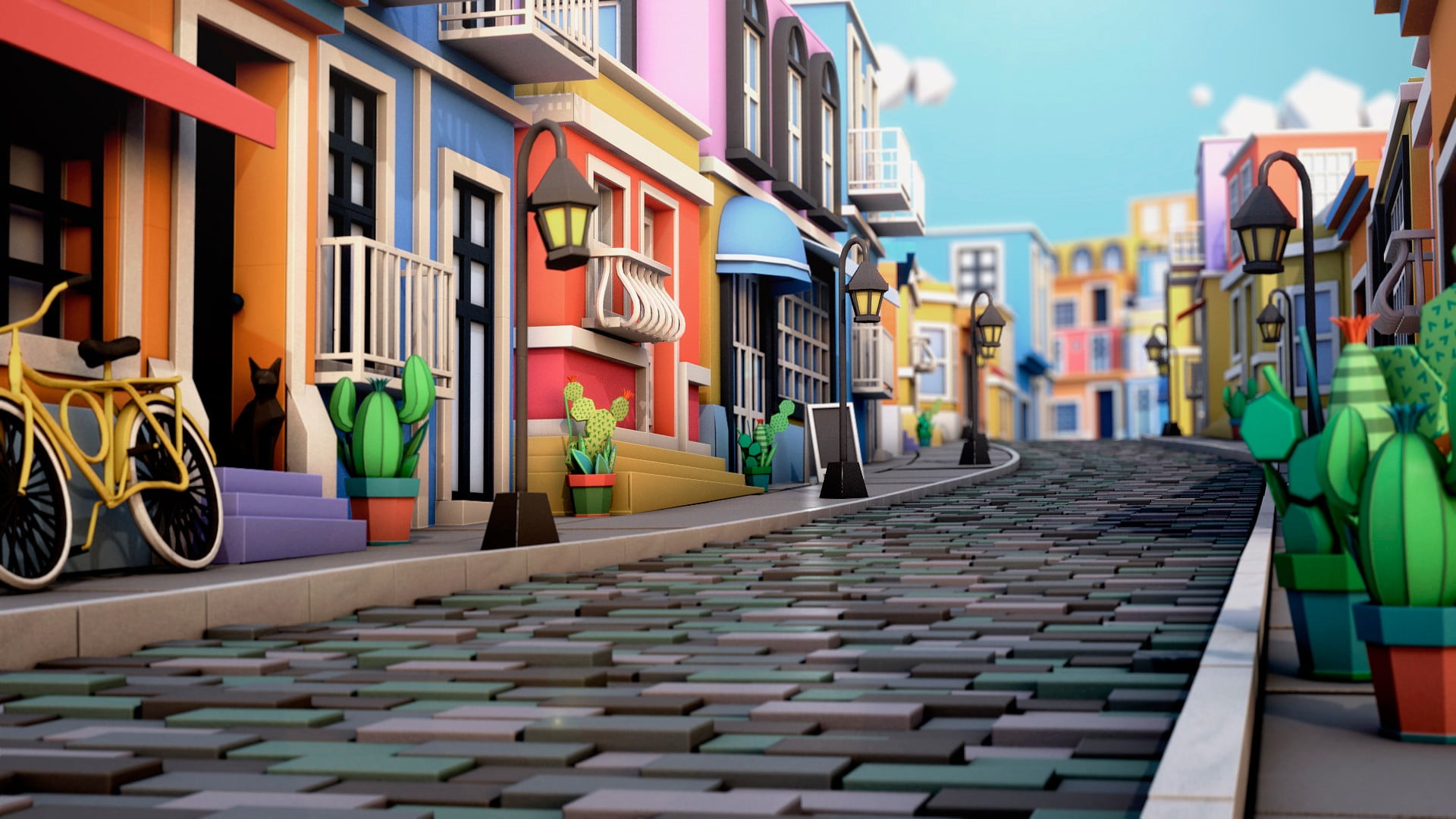 assorted-color houses illustration, Cinema 4D, town square, cactus