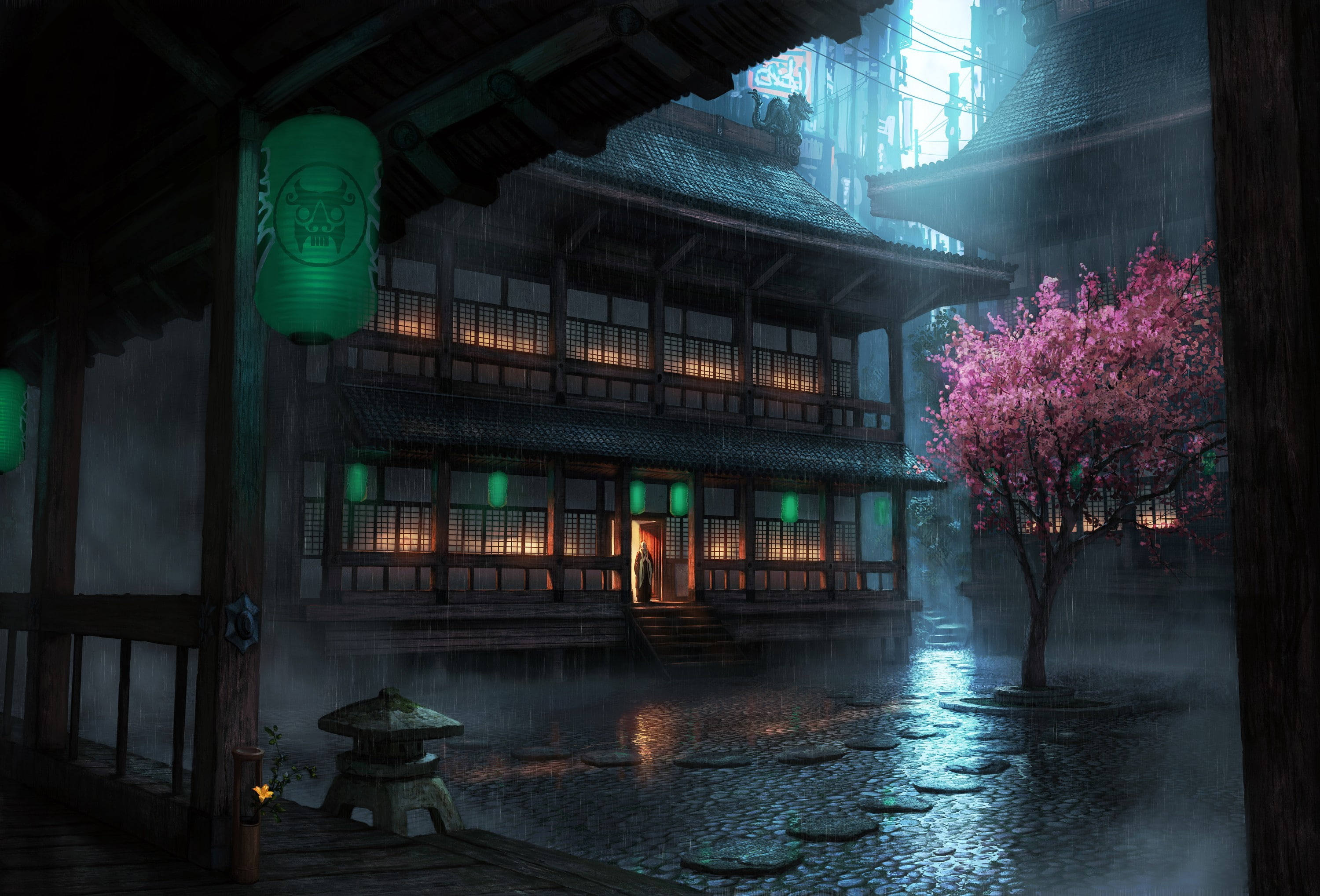rain, lantern, temple, Seoul, The Secret World, drawing, cherry blossom