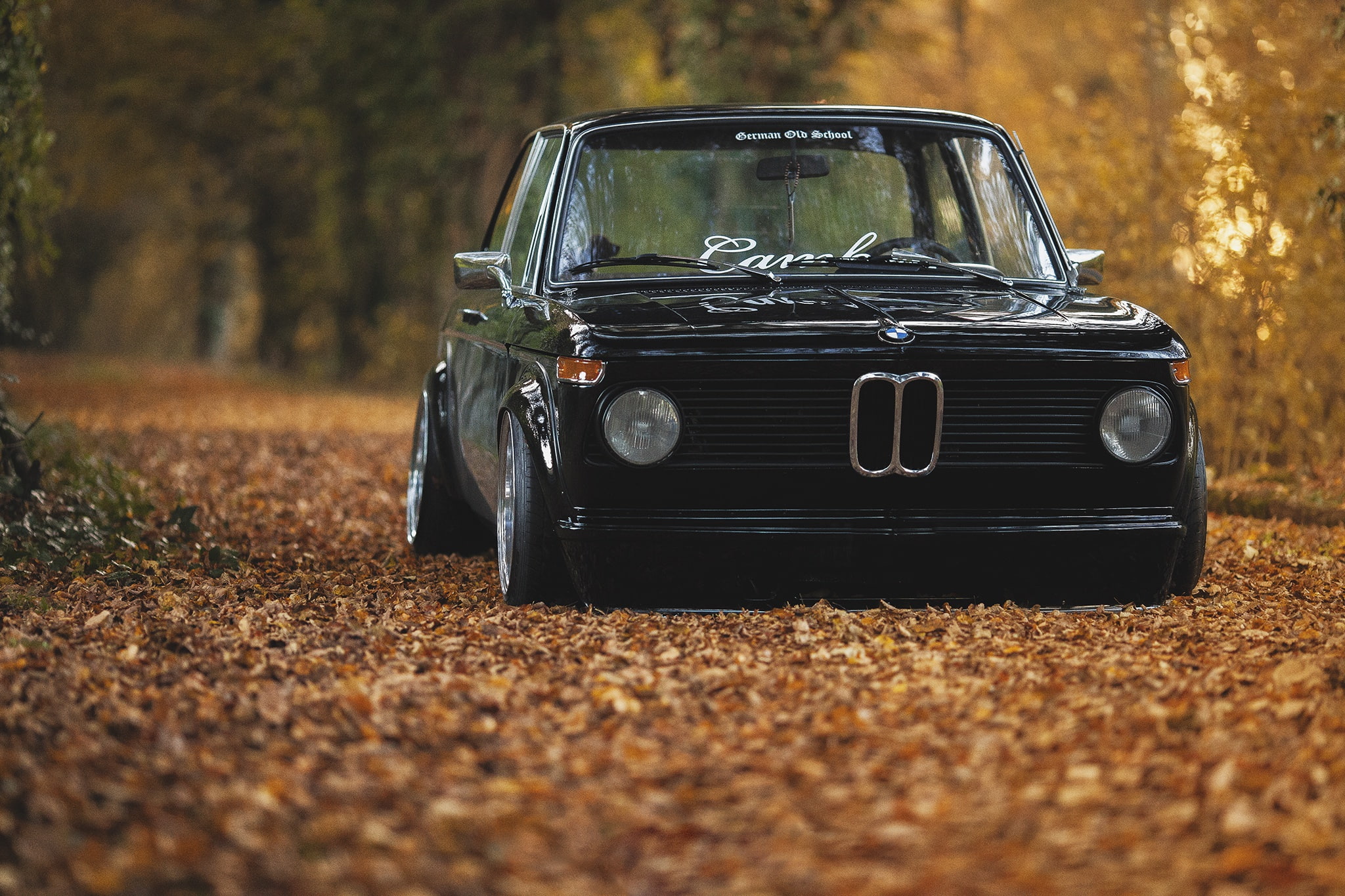 autumn, foliage, BMW, black, oldschool